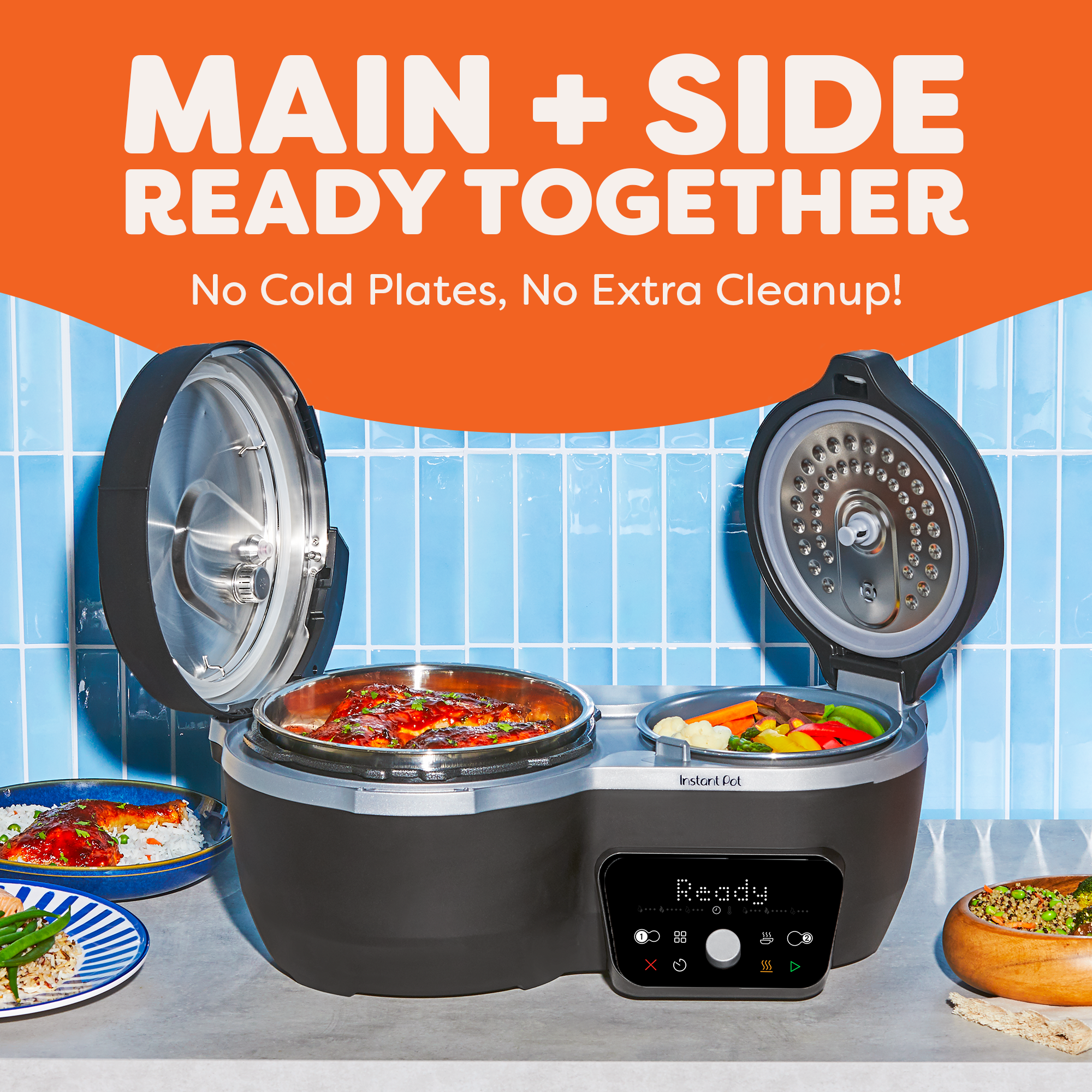 Black Dual Action Multi-Cooker open with food inside and with lit up display on countertop. Unit is surrounded by different meal options it can make. Text states your main dish and side can be ready at the same time.