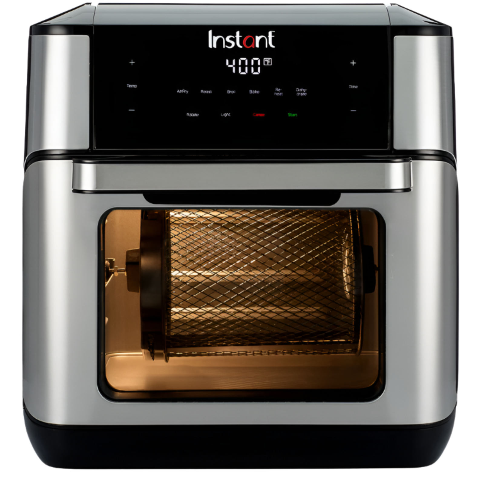 Instant Pot® Vortex® Plus 10QT Air Fryer Oven in a sleek stainless steel and black finish, featuring a digital touch display with cooking functions including air fry, roast, broil, bake, reheat, and dehydrate. Interior shown with a rotating mesh basket, ideal for even crisping and rotisserie-style cooking.