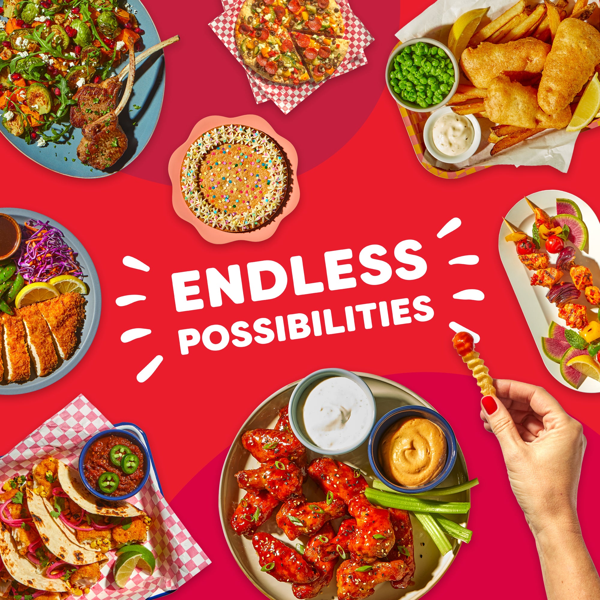Various colorful dishes like tacos, shrimp, vegetables, rice, and chicken arranged around the words 'Endless Possibilities' on a red background, highlighting the variety of meals you can make.
