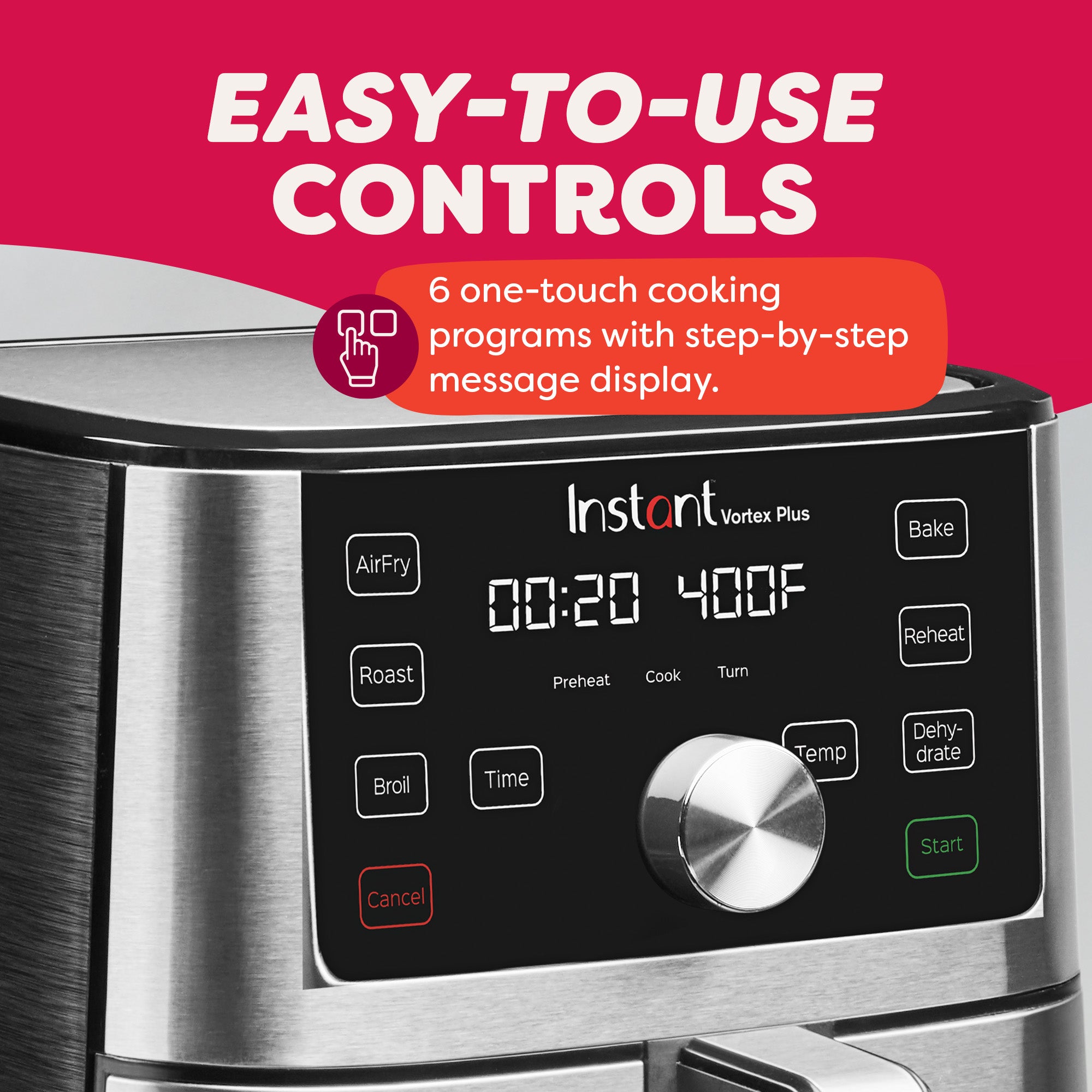 Close-up of Instant Vortex Plus air fryer display with 6 one-touch programs and step-by-step message screen.