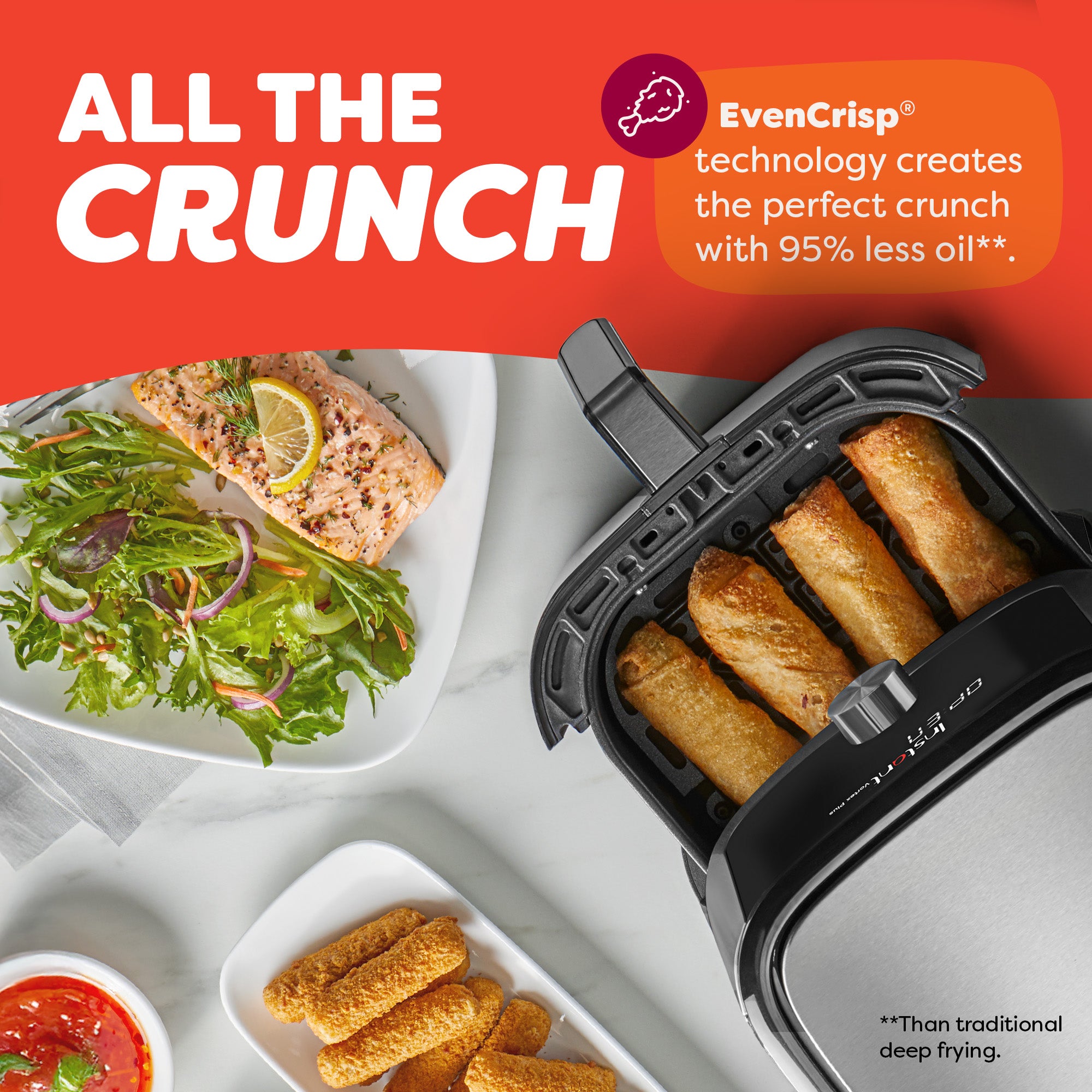 Air fryer basket with crispy spring rolls. Text: 'EvenCrisp® tech creates crunch with 95% less oil.' Meals plated nearby.