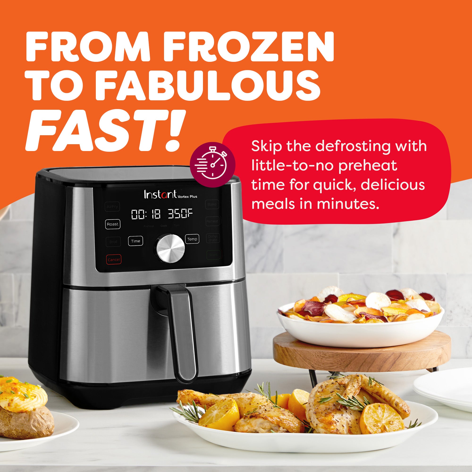 Air fryer on counter with text: 'From frozen to fabulous fast. Skip defrosting for quick, delicious meals in minutes.'