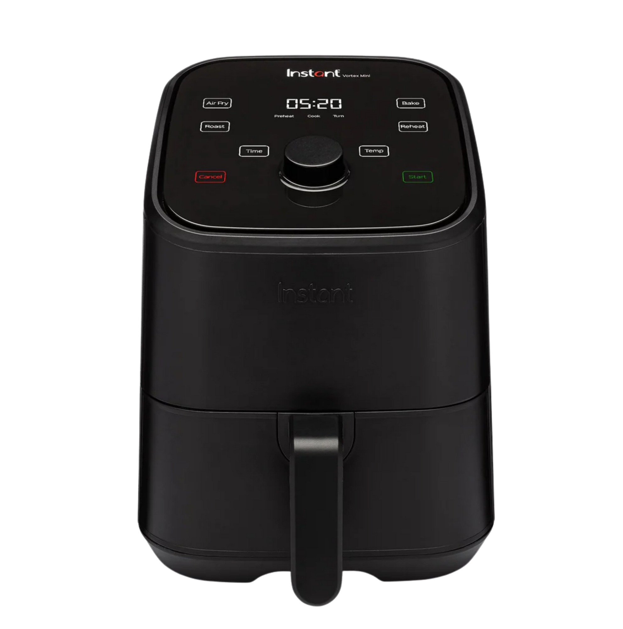 Instant Pot® Vortex® Mini 2QT Air Fryer in black with a compact design, featuring a digital control panel and single front-facing handle.