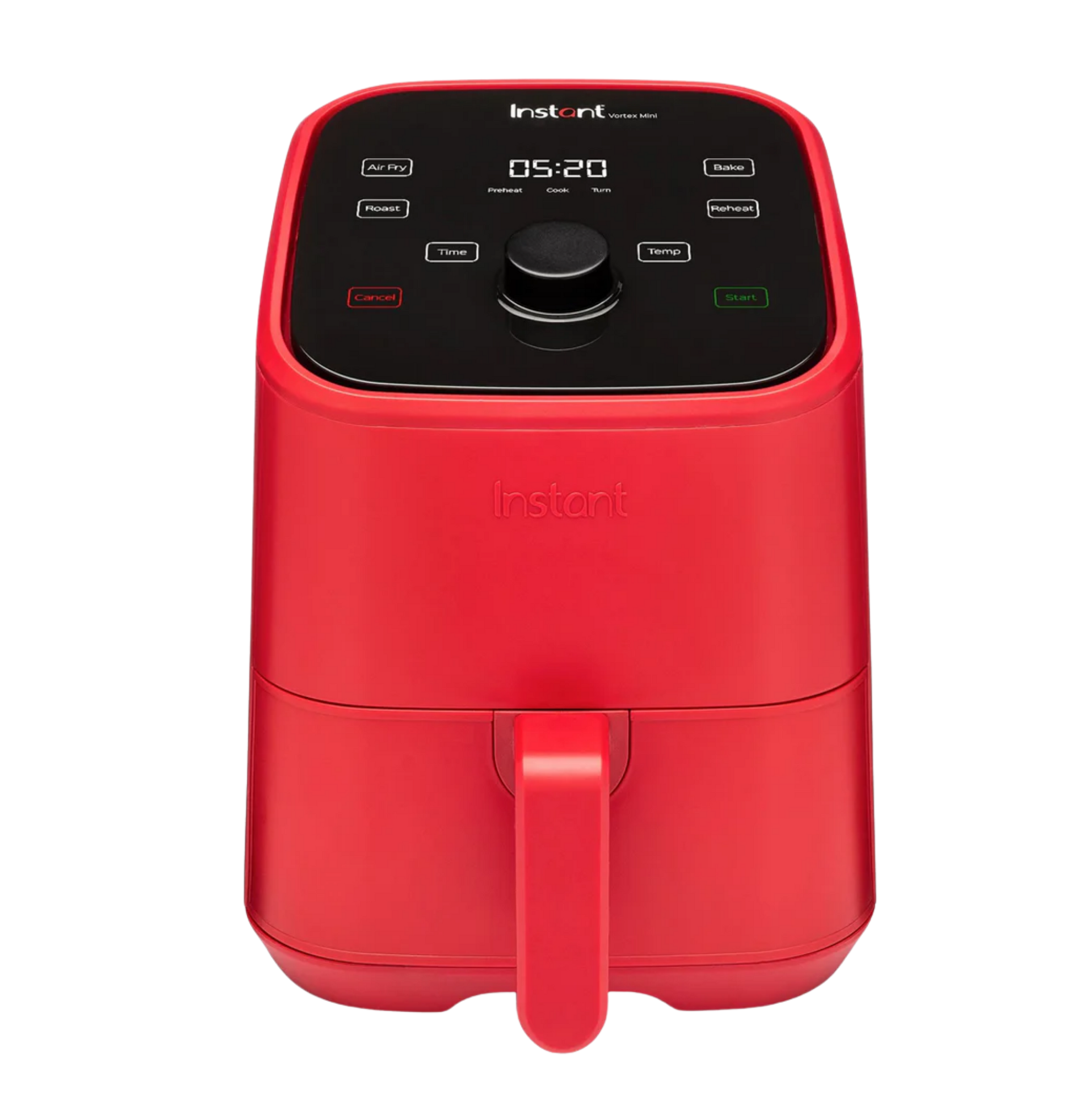 Instant Pot® Vortex® Mini 2QT Air Fryer in red with a compact design, featuring a digital control panel and single front-facing handle.