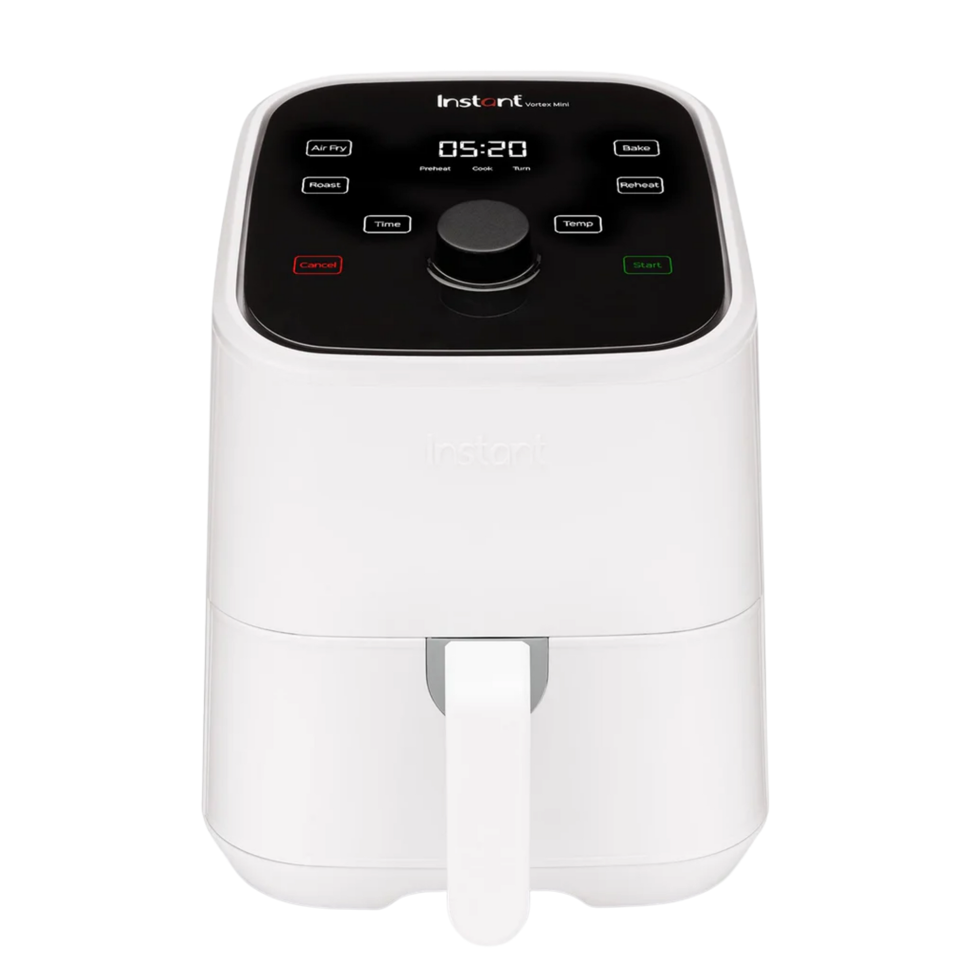 Instant Pot® Vortex® Mini 2QT Air Fryer in white with a compact design, featuring a digital control panel and single front-facing handle.