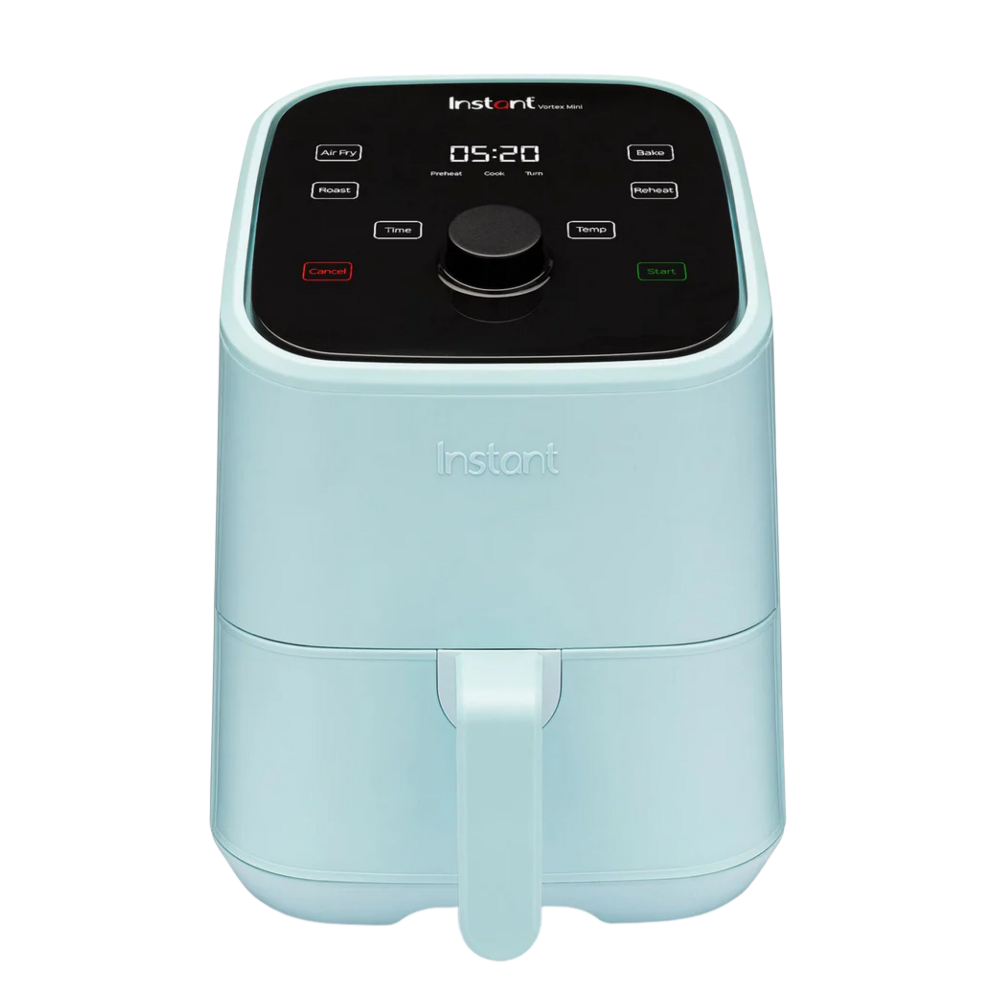 Instant Pot® Vortex® Mini 2QT Air Fryer in aqua with a compact design, featuring a digital control panel and single front-facing handle.