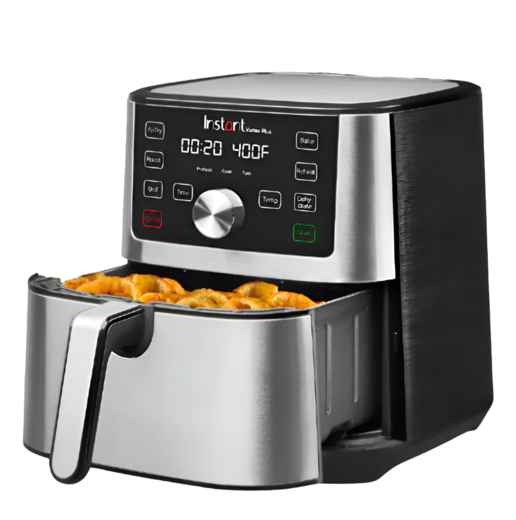 Instant Pot® Vortex® Plus Air Fryer with stainless steel finish, shown with the basket pulled out and filled with crispy golden food, featuring a digital control panel and cooking presets.