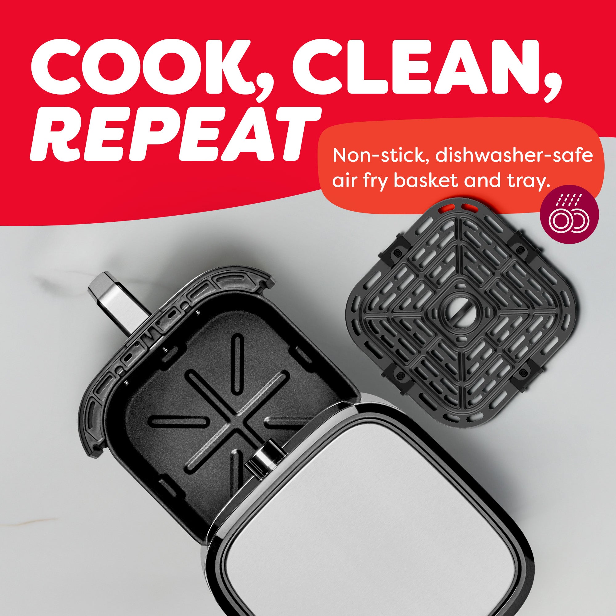 Top-down view of a non-stick air fryer basket and tray from the Instant Vortex Plus 4QT, shown separated on a light surface. Bold text reads 'Cook, Clean, Repeat' with a callout highlighting 'Non-stick, dishwasher-safe air fry basket and tray.' A small icon of clean dishes reinforces the easy-clean feature