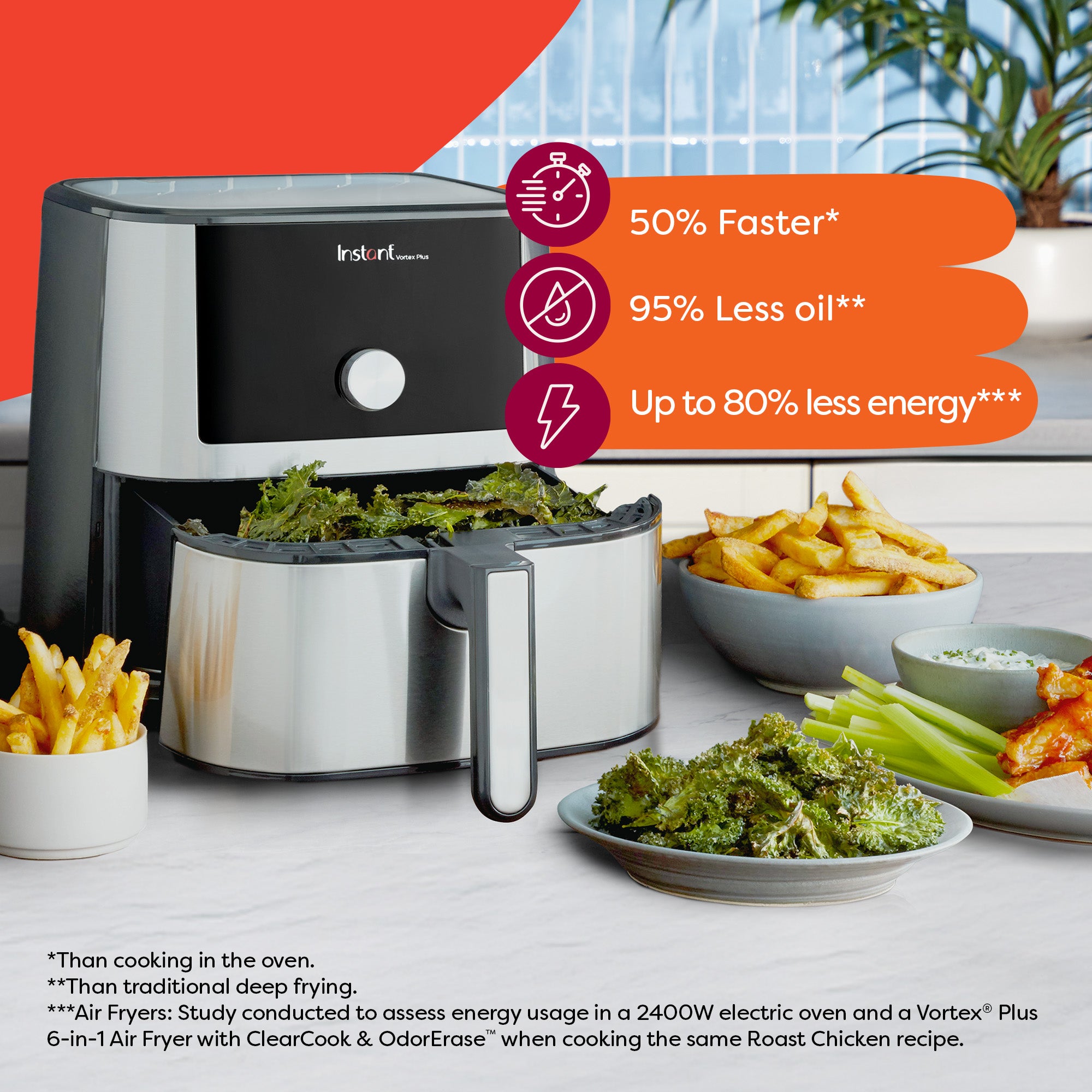 Instant Vortex Plus air fryer on a kitchen counter with the basket pulled out, filled with crispy kale chips. Surrounding dishes include French fries, celery sticks, dipping sauces, and chicken wings. A bold overlay highlights benefits: '50% Faster', '95% Less Oil*', and 'Up to 80% Less Energy***'. Fine print explains comparisons to oven cooking, traditional frying, and energy usage studies.