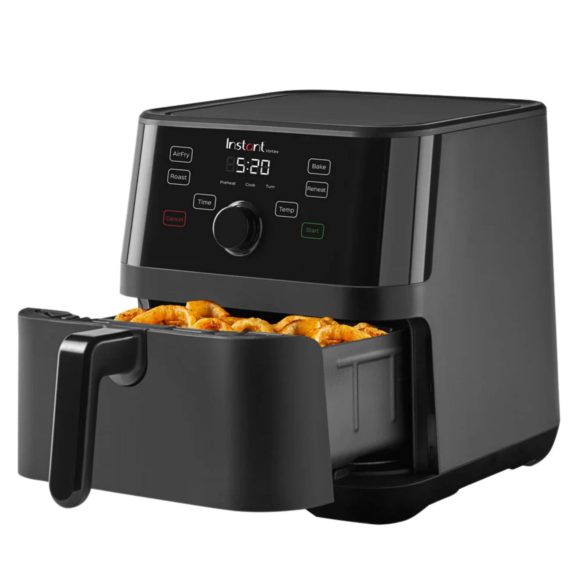 Instant Pot® Vortex® 5.7QT Air Fryer in black with a digital display and front-facing control panel, shown with the basket pulled out and filled with crispy golden food.