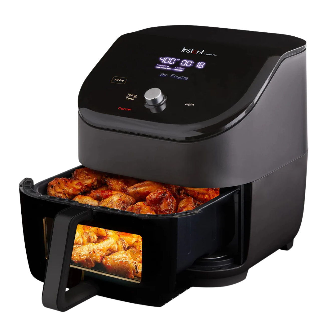 Instant Pot® Vortex® Plus 6QT ClearCook Air Fryer with a digital display, front dial, and illuminated cooking window, shown with a basket full of crispy chicken wings.