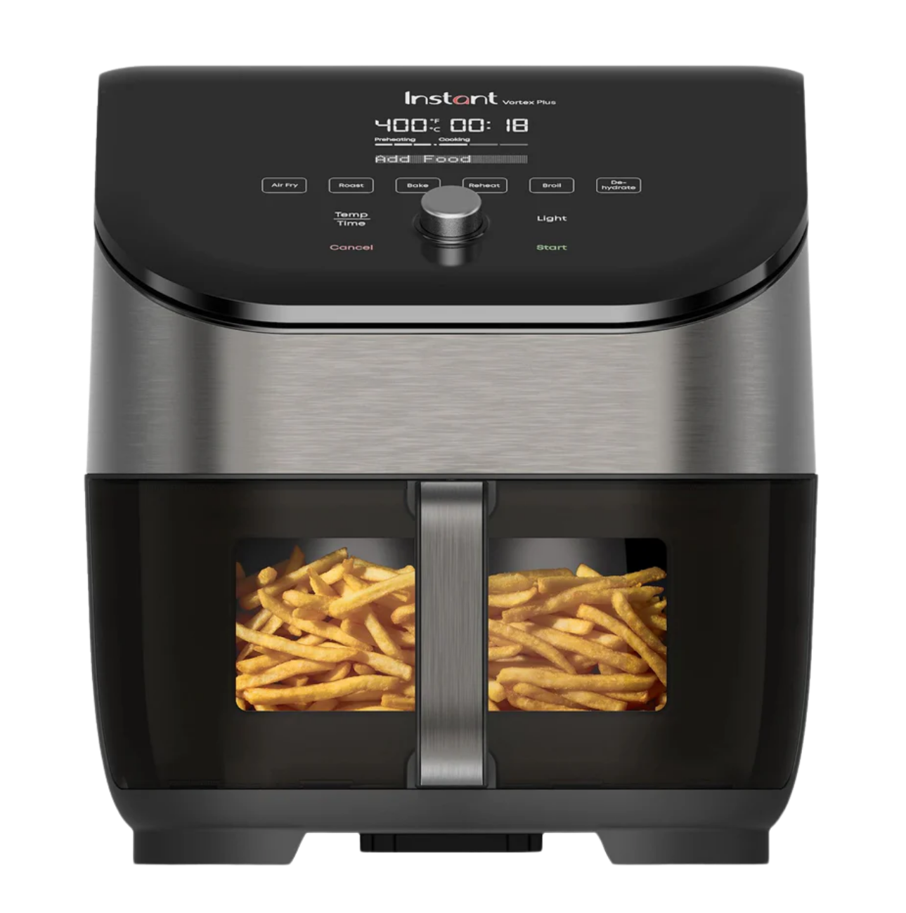 Instant Pot® Vortex® Plus 6QT Stainless Steel Air Fryer with ClearCook and OdorErase, featuring a digital display, front control dial, and see-through cooking window with golden fries inside.