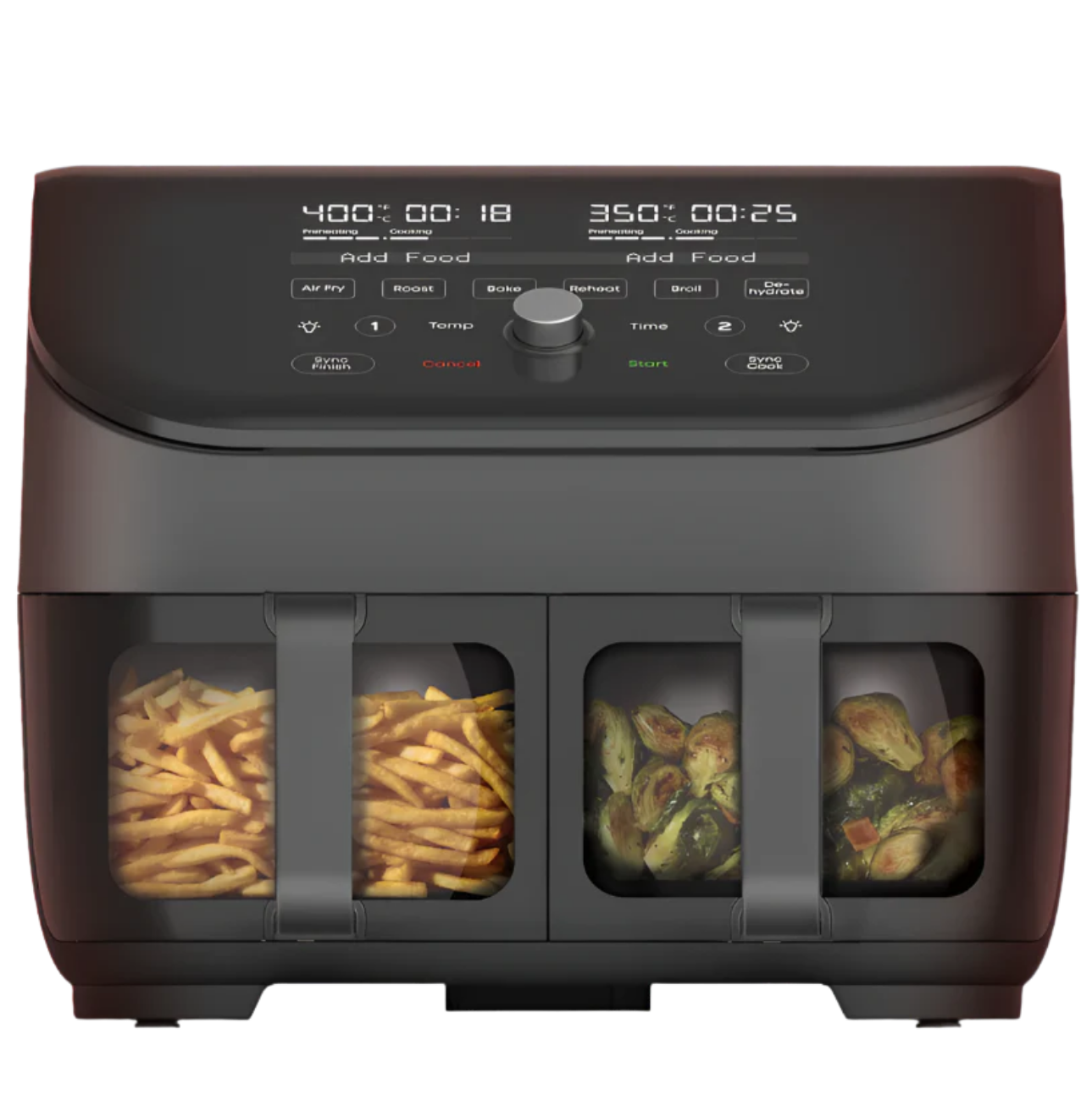 Instant Pot® Vortex® Plus Dual Black 8QT Air Fryer with ClearCook, featuring two illuminated cooking windows with fries in one basket and Brussels sprouts in the other, plus a dual-zone digital display and central control dial.