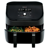 Instant Pot® Vortex® 9QT Air Fryer with VersaZone™ Technology, featuring dual drawers with green beans in one and chicken wings in the other, a digital control panel, and customizable cook settings for each zone.