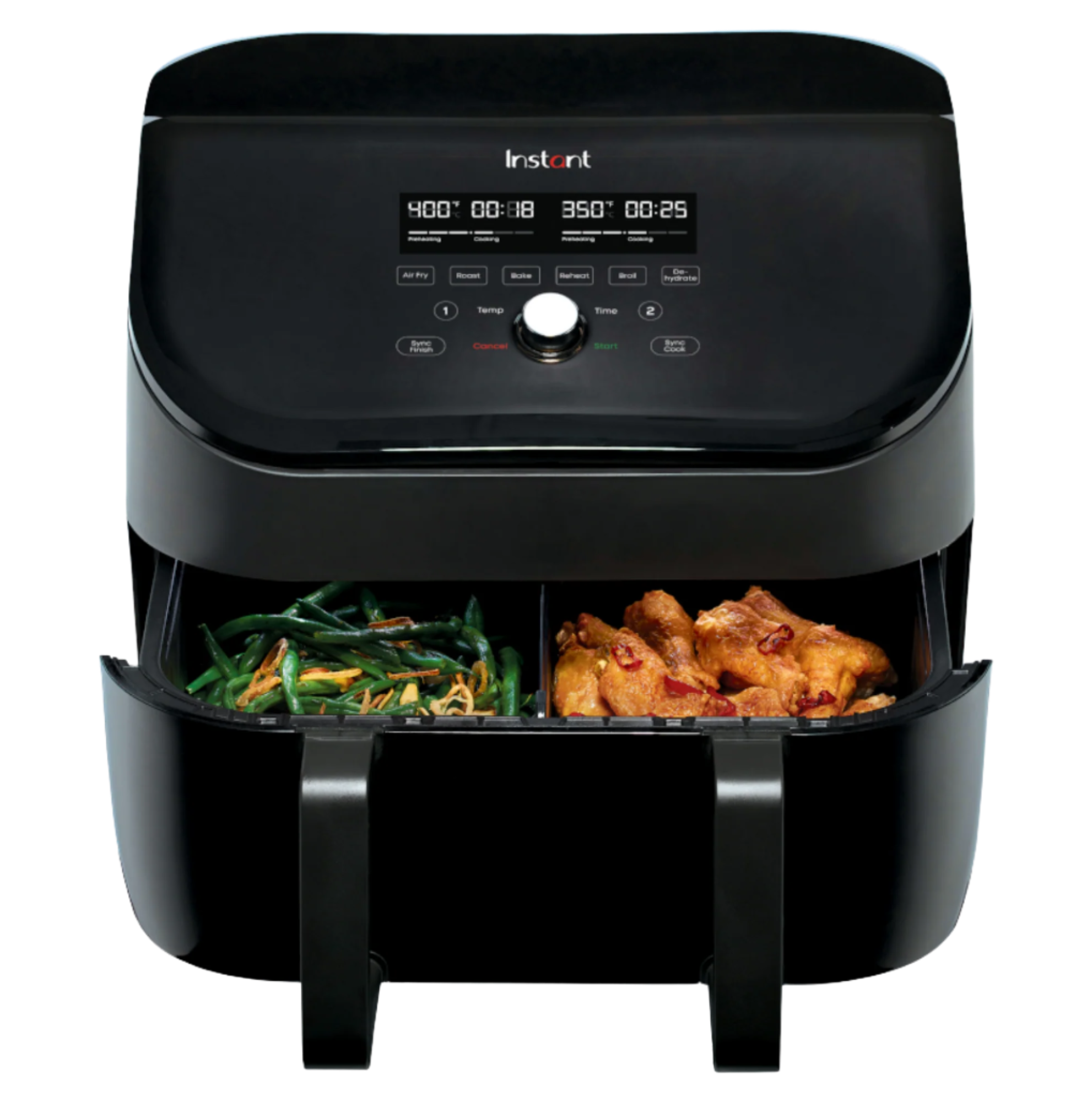 Instant Pot® Vortex® 9QT Air Fryer with VersaZone™ Technology, featuring dual drawers with green beans in one and chicken wings in the other, a digital control panel, and customizable cook settings for each zone.