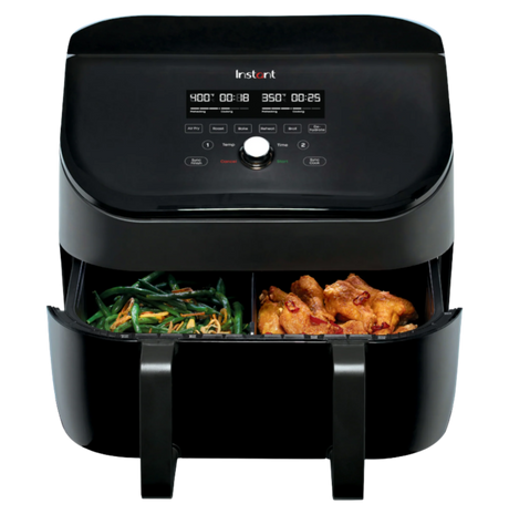 Instant Pot® Vortex® 9QT Air Fryer with VersaZone™ Technology, featuring dual drawers with green beans in one and chicken wings in the other, a digital control panel, and customizable cook settings for each zone.