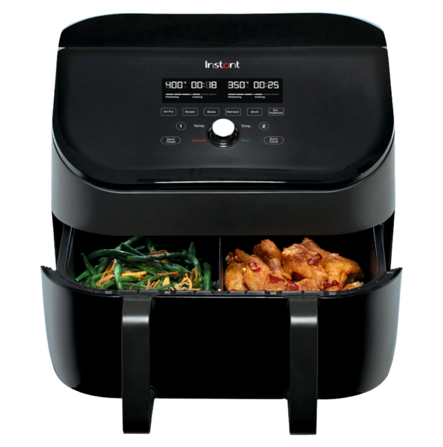 Instant Pot® Vortex® 9QT Air Fryer with VersaZone™ Technology, featuring dual drawers with green beans in one and chicken wings in the other, a digital control panel, and customizable cook settings for each zone.