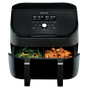 Instant Pot® Vortex® 9QT Air Fryer with VersaZone™ Technology, featuring dual drawers with green beans in one and chicken wings in the other, a digital control panel, and customizable cook settings for each zone.