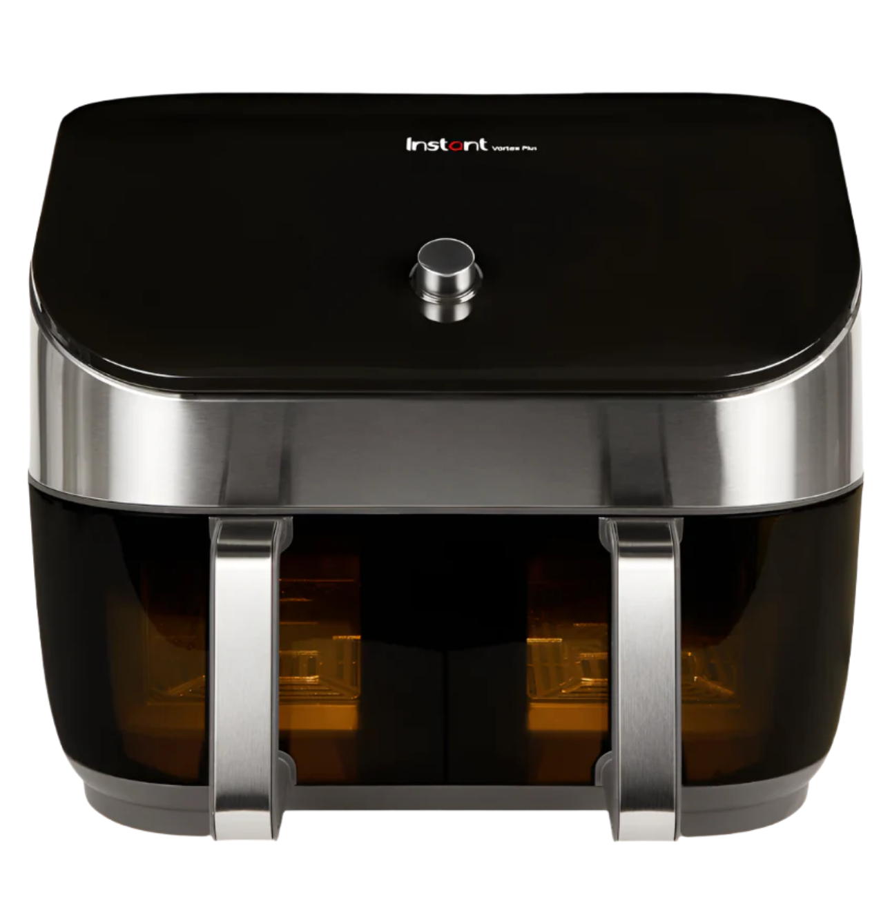 Instant Pot® Vortex® Plus Dual 8QT Stainless Steel Air Fryer with ClearCook, featuring two front drawers with viewing windows, stainless steel accents, and a minimalist top dial design.