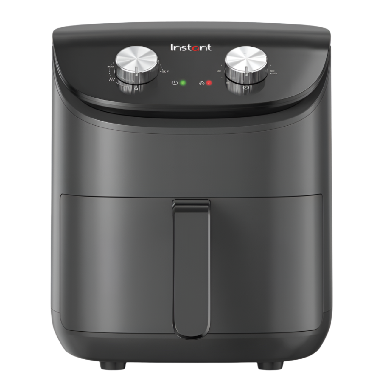 Instant Pot® Essentials 4QT Air Fryer in black, featuring two manual control dials for temperature and time, indicator lights, and a front-facing handle on a compact design.