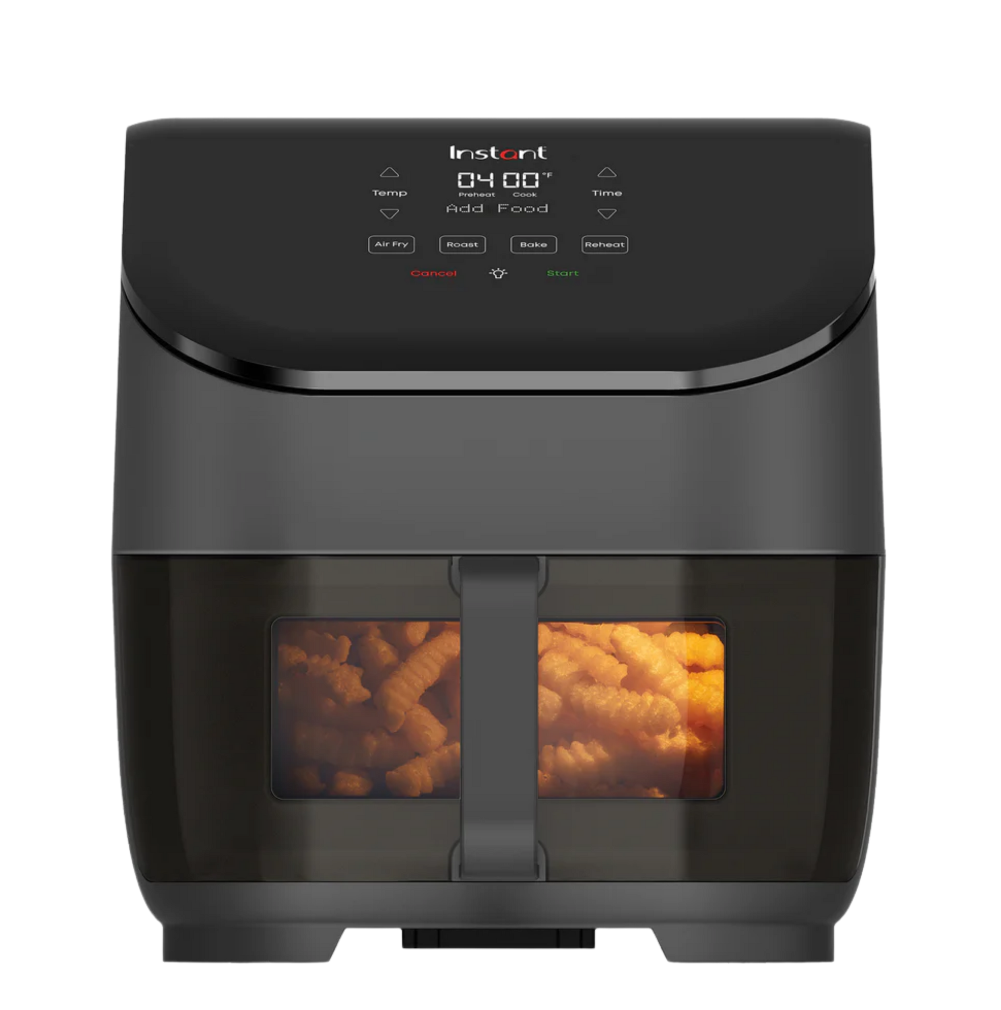 Instant Pot® Vortex™ Chef Series 5QT Air Fryer with ClearCook window, shown mid-cook with crinkle-cut fries visible inside and a sleek digital control panel on top.