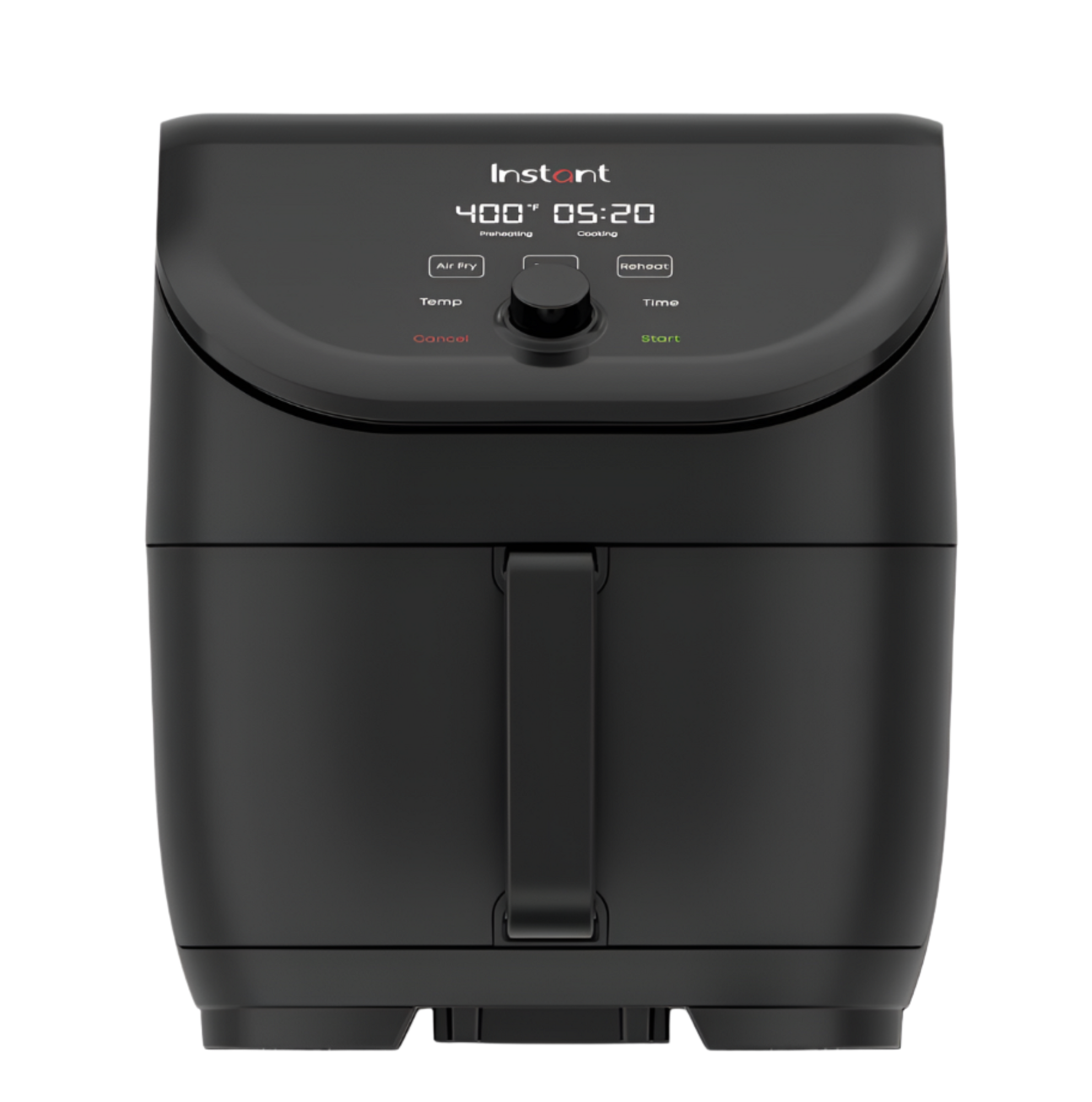 Instant Pot® Vortex® Slim Air Fryer in black, featuring a sleek, space-saving design with a digital display, control knob, and front-facing handle.
