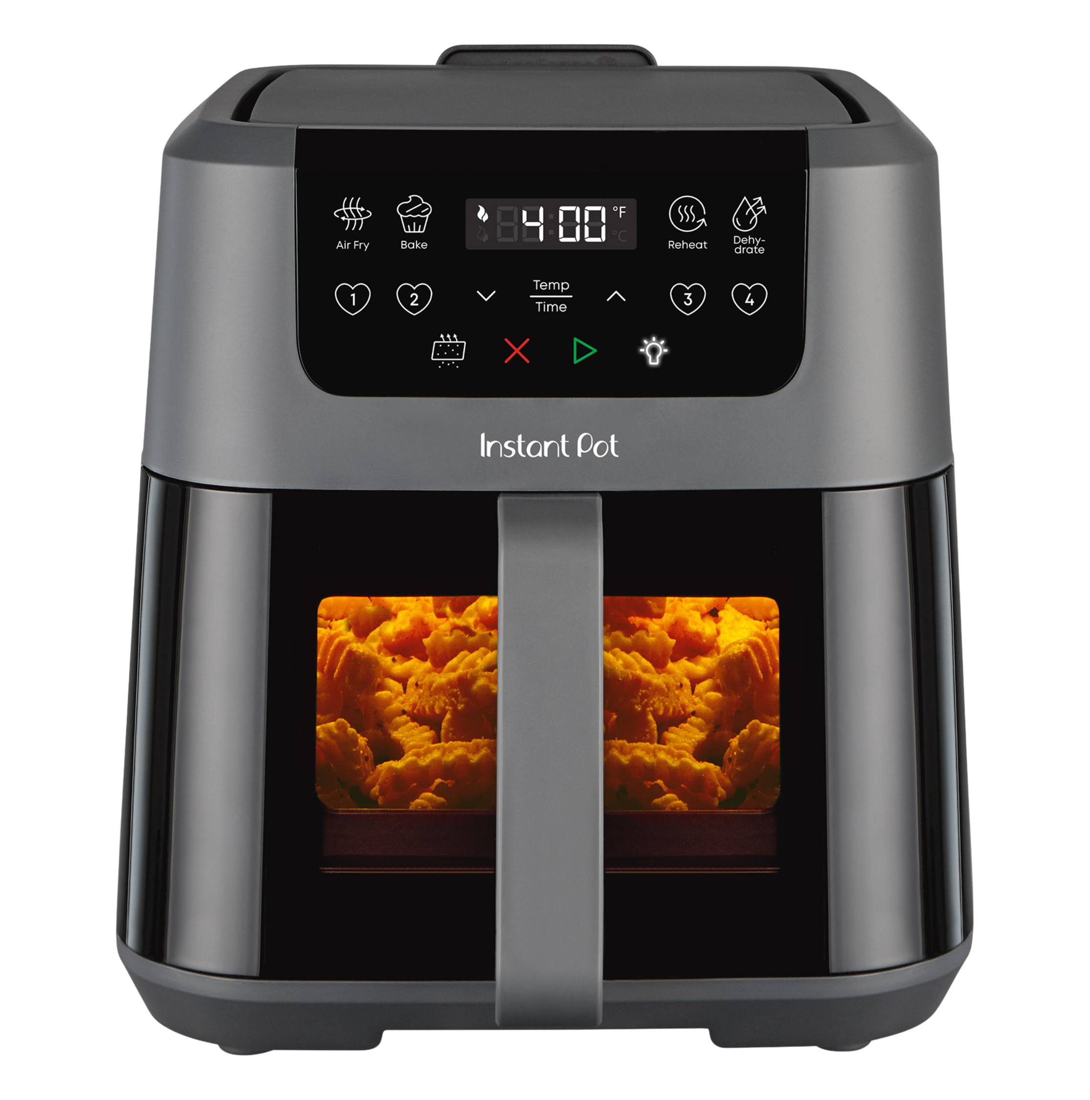 Front view of the Instant Pot® 5.3QT VORTEX® Plus Air Fryer in the Truffle color. The sleek, compact appliance features a digital display set to 400°F with cooking functions for Air Fry, Bake, Reheat, and Dehydrate. The ClearCook™ window shows golden, crispy food cooking inside.