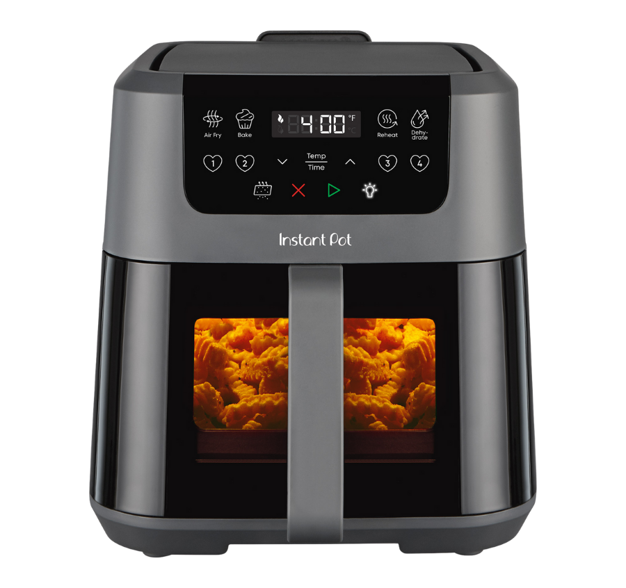 Front-facing view of the Instant Pot® 5.3QT VORTEX® Plus Air Fryer in the Truffle color, with its digital display set to 400°F. The window reveals fries crisping inside.