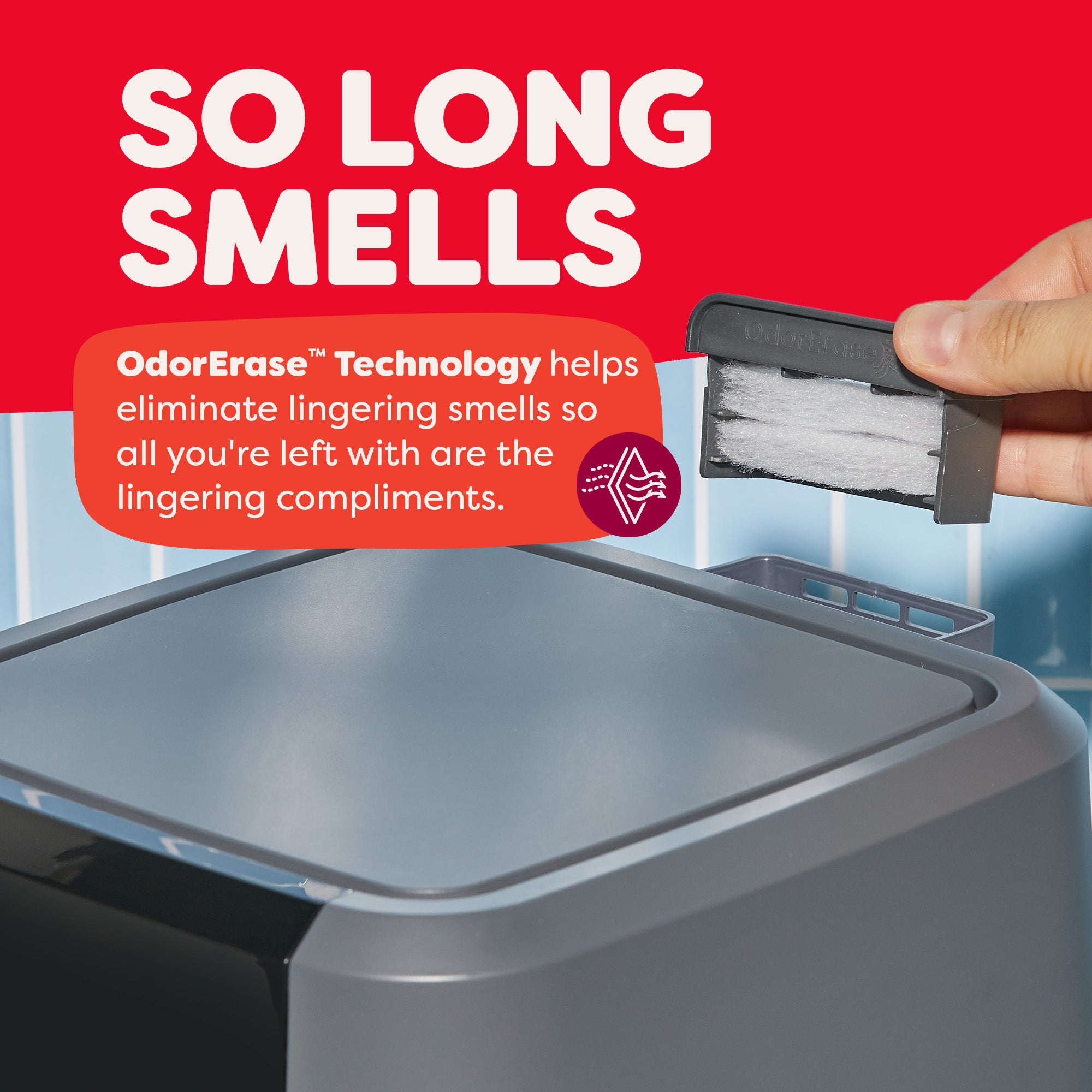Close-up of a hand removing the OdorErase™ filter from the top of the air fryer. Text highlights that the filter eliminates lingering cooking smells.