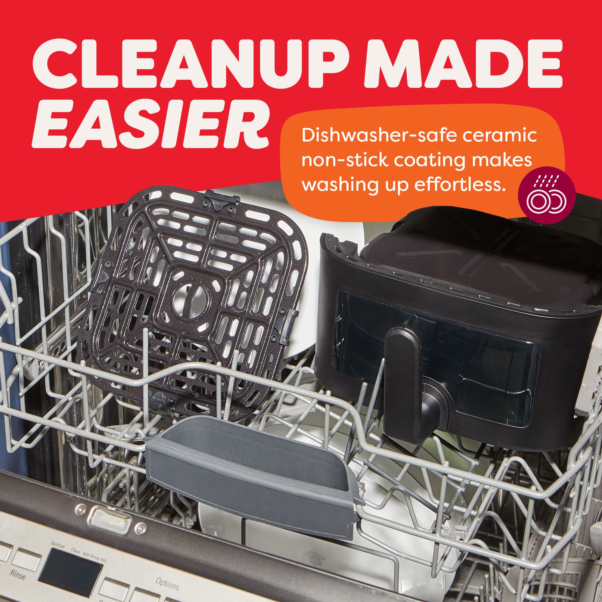 Parts of the Instant Pot® 4QT Vortex® Plus Mini Air Fryer in Black—basket, and tray—are loaded in a dishwasher. The text reads: “Cleanup Made Easier – Dishwasher-safe ceramic non-stick coating makes washing up effortless.” The background is a bright red and orange banner above the open dishwasher.