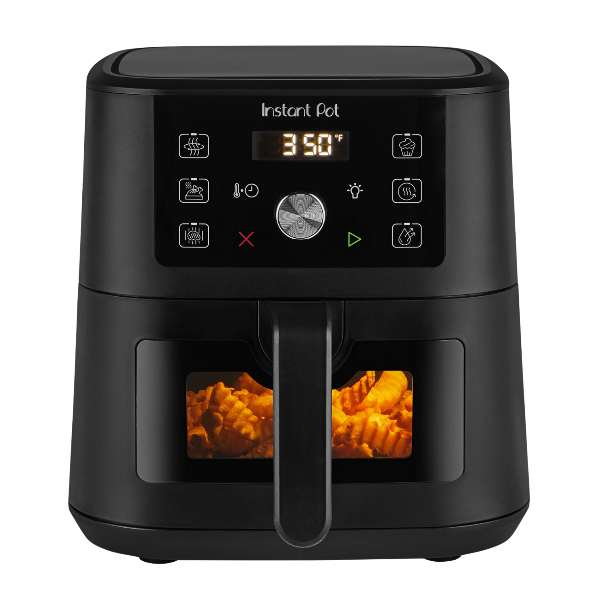 Instant Pot® 4QT VORTEX® Plus Mini Air Fryer in Black, featuring a sleek digital display set to 350°F and a clear front window showing crinkle-cut fries inside. The control panel includes cooking presets, temperature and time controls, and a central dial for easy adjustments.