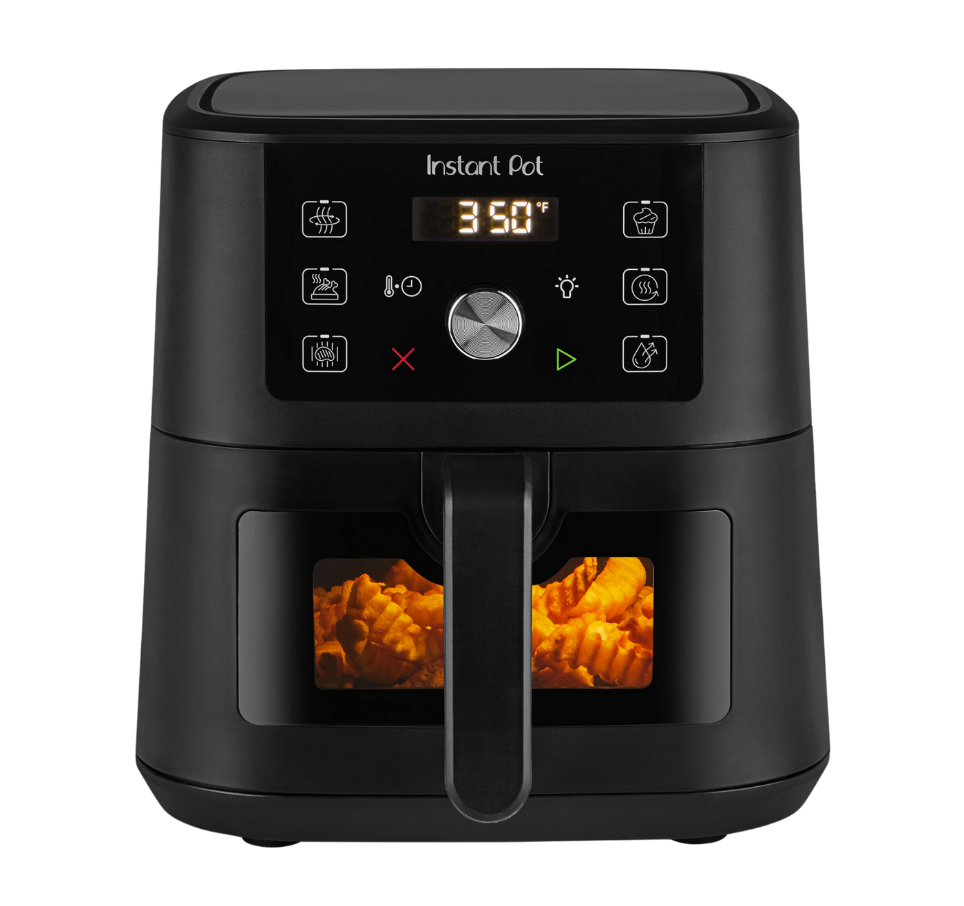 Instant Pot® 4QT Vortex® Plus Mini Air Fryer in Black with a digital display set to 350°F and crinkle-cut fries visible through the front window in the basket.