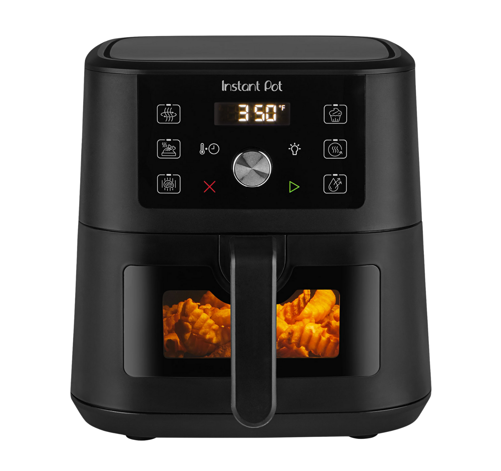 Instant Pot® 4QT Vortex® Plus Mini Air Fryer in Black with a digital display set to 350°F and crinkle-cut fries visible through the front window in the basket.