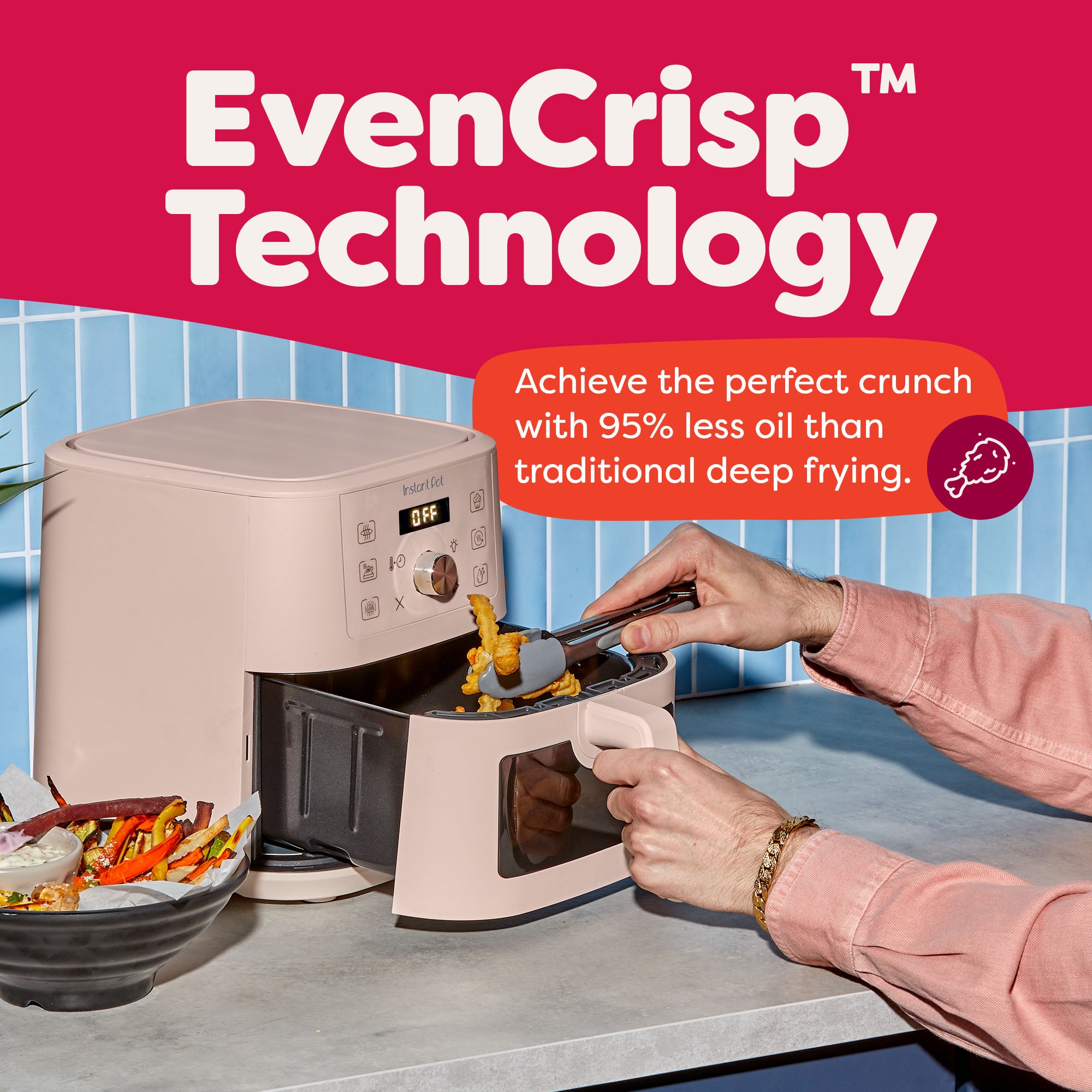 A person uses tongs to remove crispy crinkle fries from the Instant Pot® 4QT Vortex® Plus Mini Air Fryer in Rosewater, which is open on a kitchen counter. The display reads “OFF.” A bowl of roasted veggies sits nearby. Text reads: “EvenCrisp™ Technology – Achieve the perfect crunch with 95% less oil than traditional deep frying.”