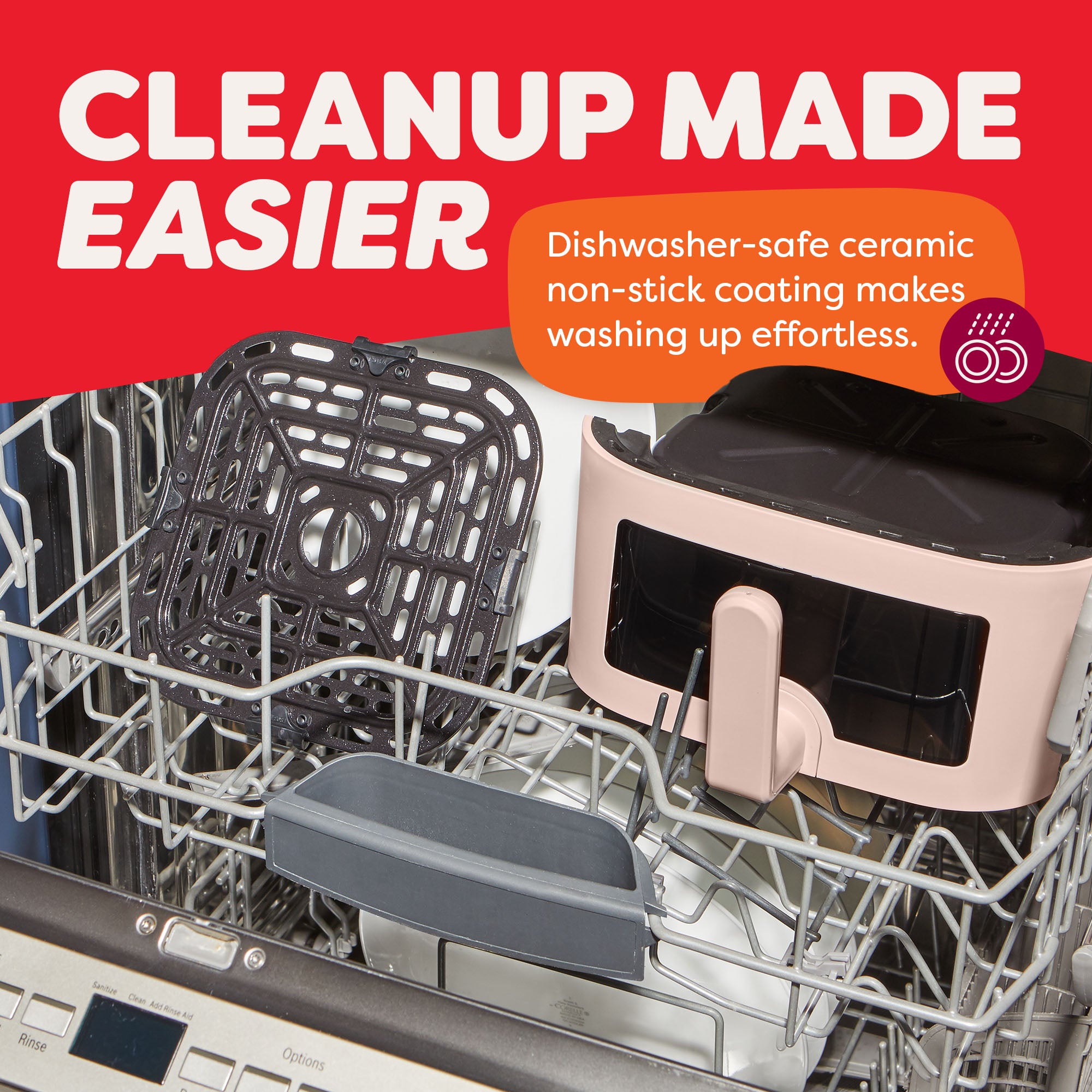 Parts of the Instant Pot® 4QT Vortex® Plus Mini Air Fryer in Rosewater—basket and tray—are loaded in a dishwasher. The text reads: “Cleanup Made Easier – Dishwasher-safe ceramic non-stick coating makes washing up effortless.” The background is a bright red and orange banner above the open dishwasher.