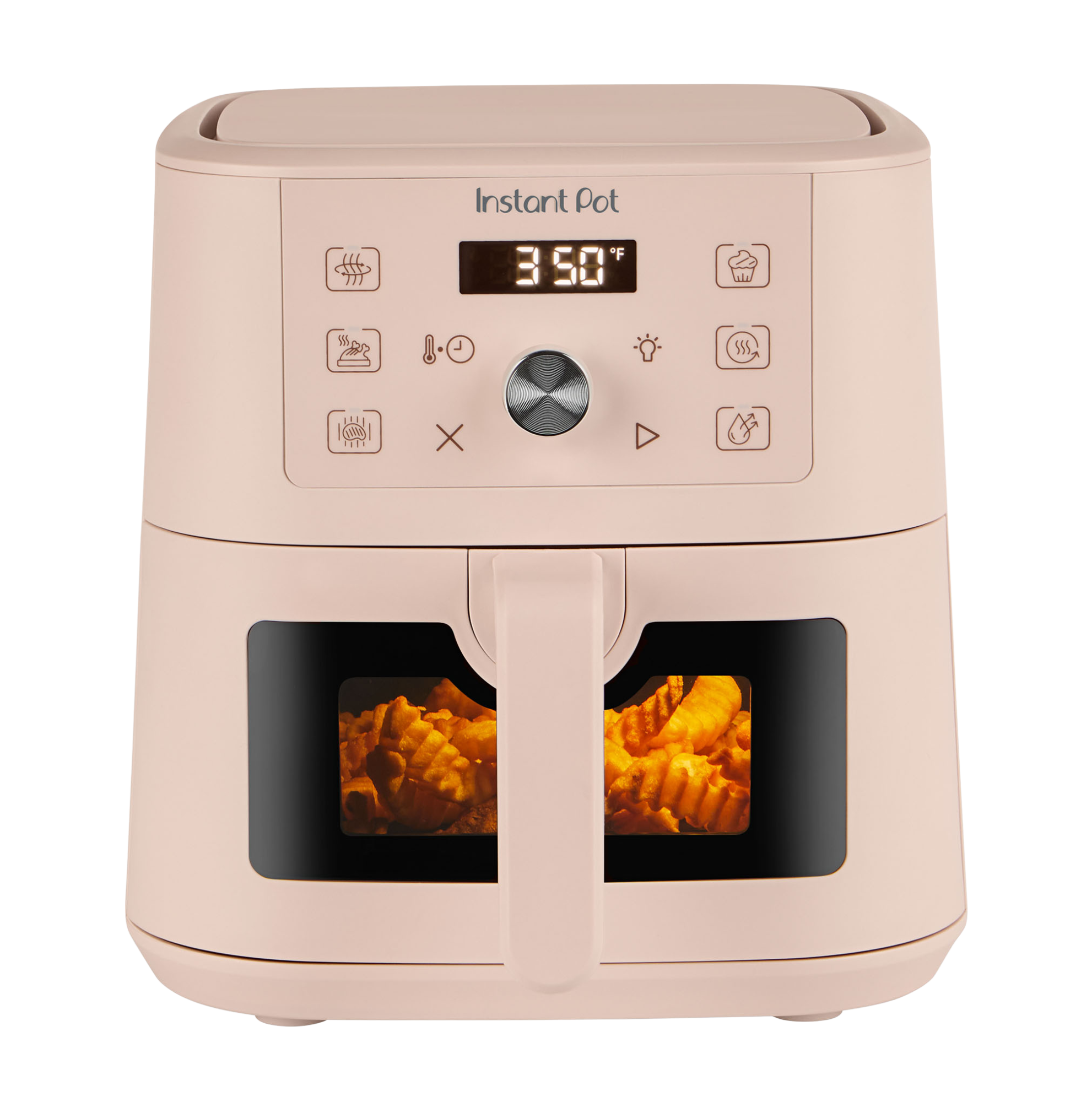 Instant Pot® 4QT VORTEX® Plus Mini Air Fryer in Rosewater, featuring a sleek digital display set to 350°F and a clear front window showing crinkle-cut fries inside. The control panel includes cooking presets, temperature and time controls, and a central dial for easy adjustments.
