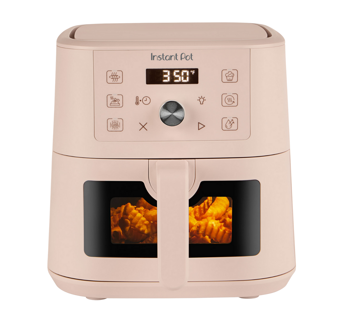 Instant Pot® 4QT Vortex® Plus Mini Air Fryer in Rosewater with a digital display set to 350°F and crinkle-cut fries visible through the front window in the basket.