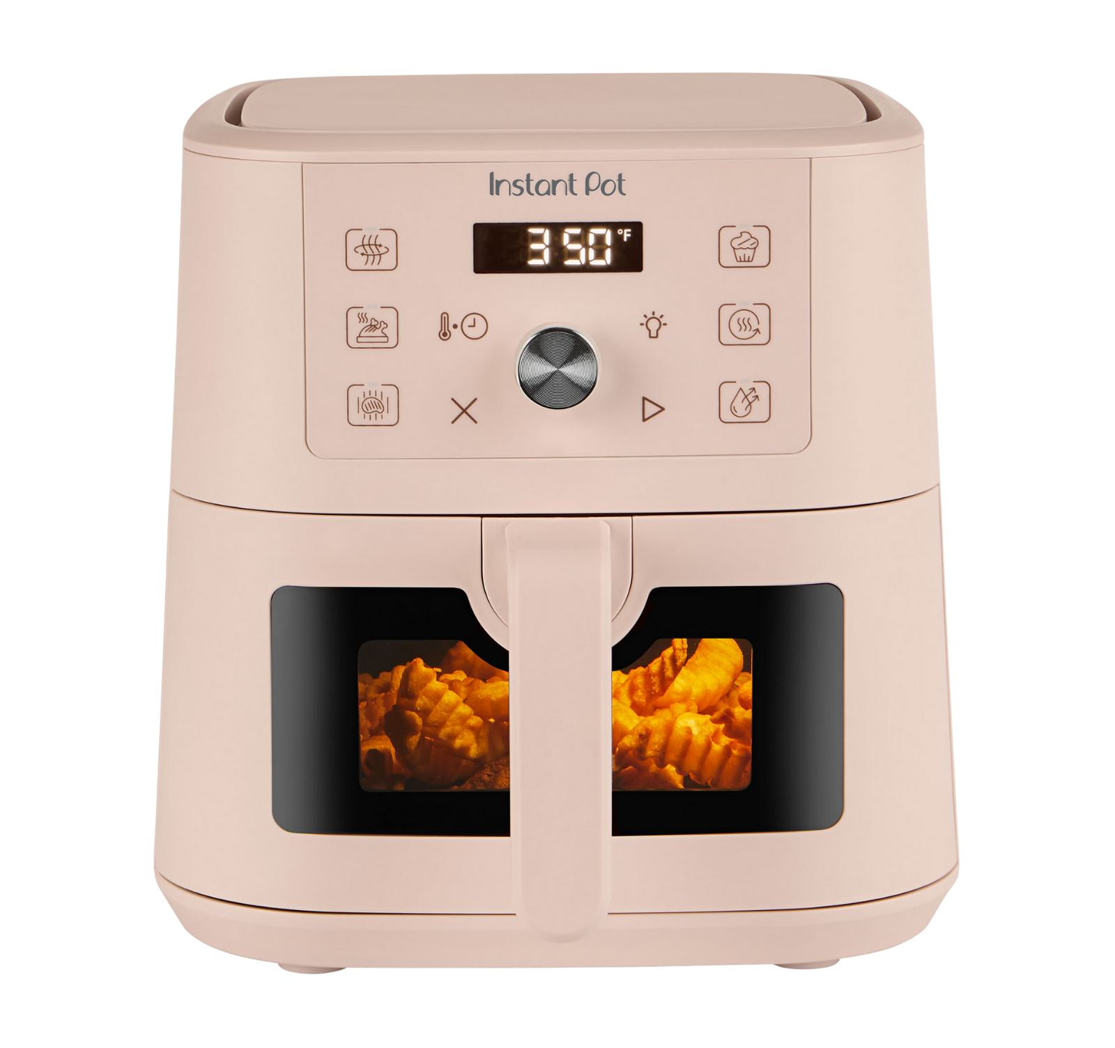 Instant Pot® 4QT Vortex® Plus Mini Air Fryer in Rosewater with a digital display set to 350°F and crinkle-cut fries visible through the front window in the basket.