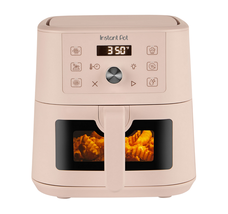 Instant Pot® 4QT VORTEX® Mini Air Fryer in Rosewater with a digital display set to 350°F and crinkle-cut fries visible through the front window in the basket.