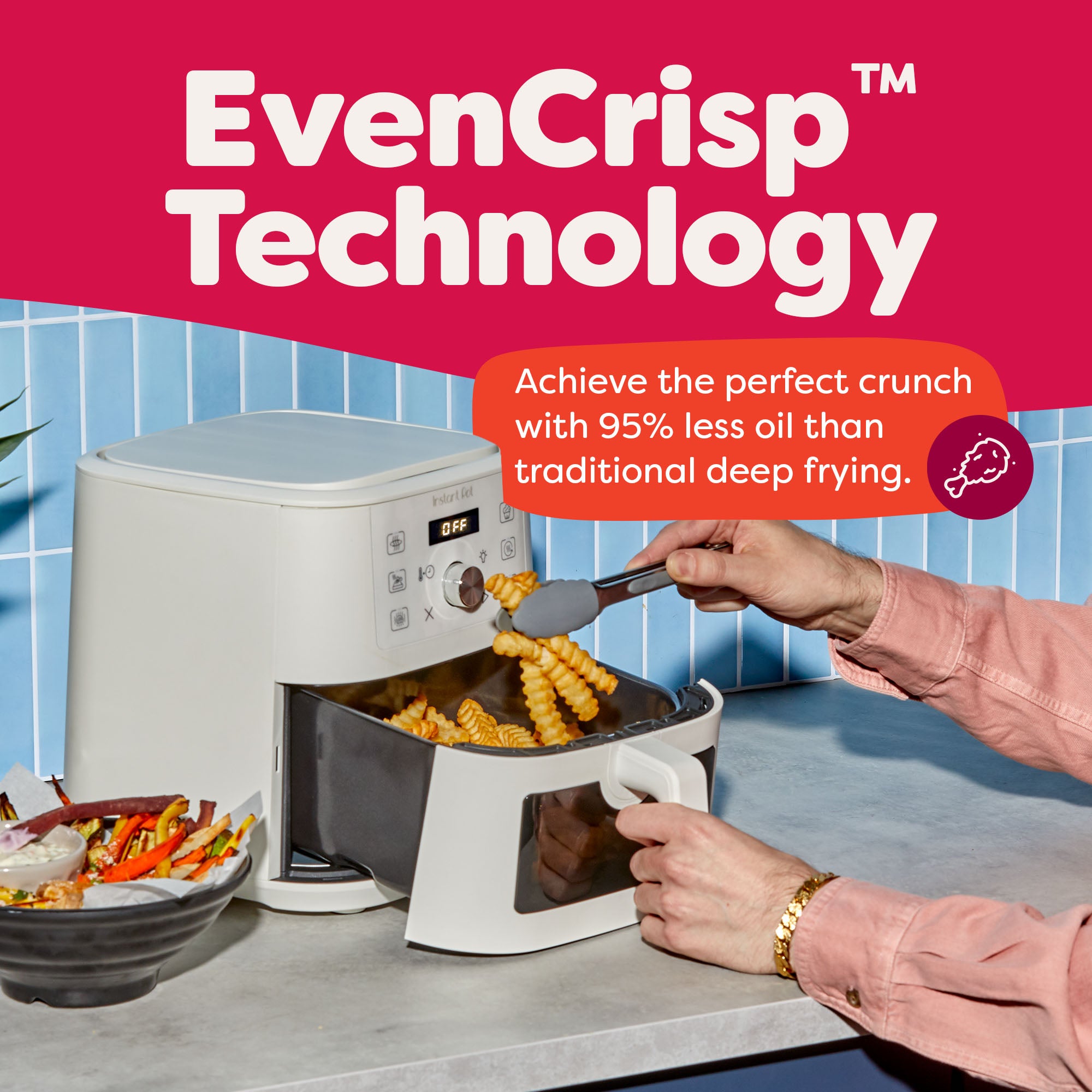 A person uses tongs to remove crispy crinkle fries from the Instant Pot® 4QT Vortex® Plus Mini Air Fryer in Sea Salt, which is open on a kitchen counter. The display reads “OFF.” A bowl of roasted veggies sits nearby. Text reads: “EvenCrisp™ Technology – Achieve the perfect crunch with 95% less oil than traditional deep frying.”