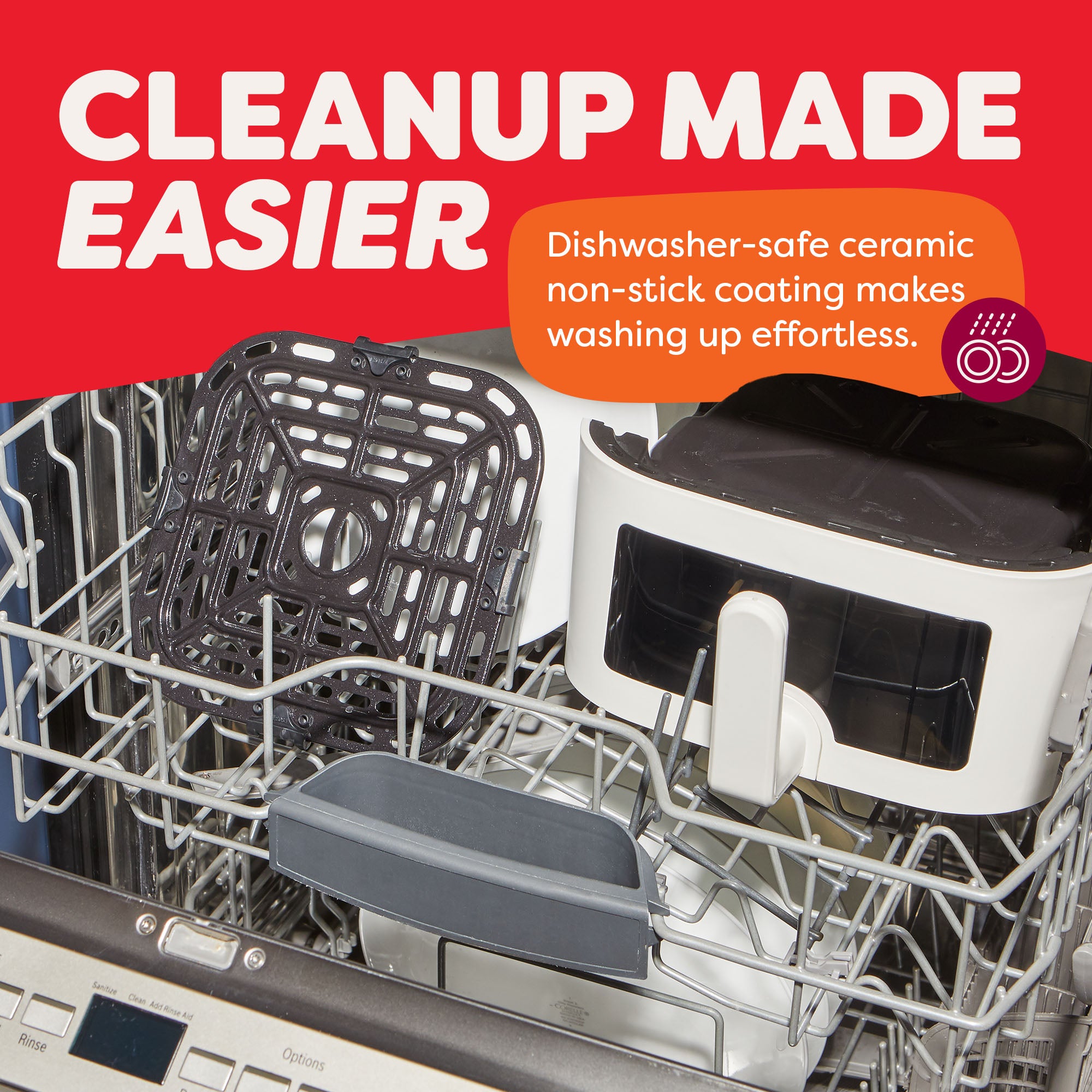 Parts of the Instant Pot® 4QT Vortex® Plus Mini Air Fryer in Sea Salt—basket and tray—are loaded in a dishwasher. The text reads: “Cleanup Made Easier – Dishwasher-safe ceramic non-stick coating makes washing up effortless.” The background is a bright red and orange banner above the open dishwasher.
