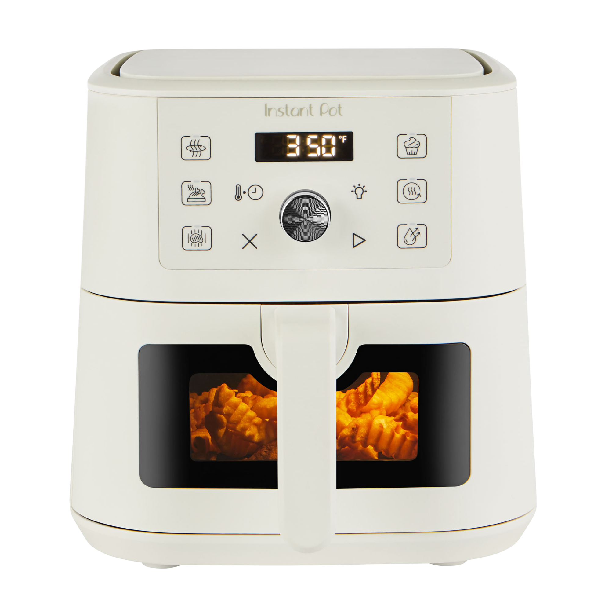 Instant Pot® 4QT VORTEX® Plus Mini Air Fryer in Sea Salt, featuring a sleek digital display set to 350°F and a clear front window showing crinkle-cut fries inside. The control panel includes cooking presets, temperature and time controls, and a central dial for easy adjustments.