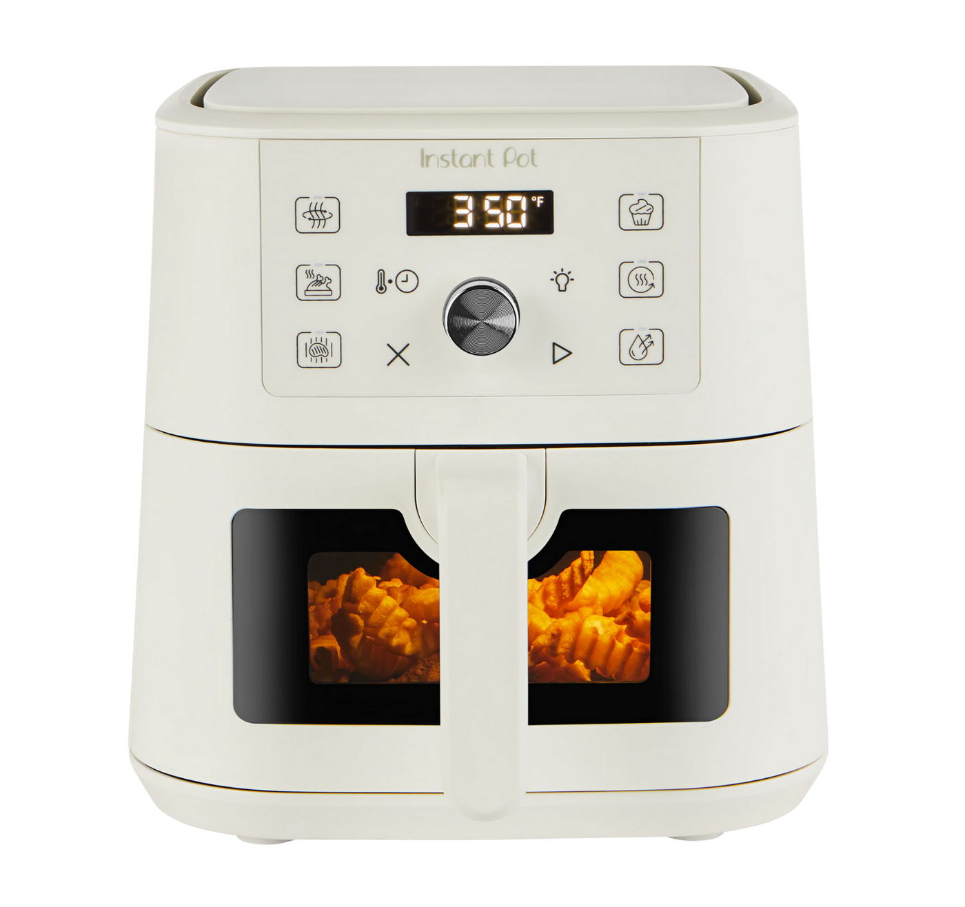 Instant Pot® 4QT Vortex® Plus Mini Air Fryer in Sea Salt with a digital display set to 350°F and crinkle-cut fries visible through the front window in the basket.