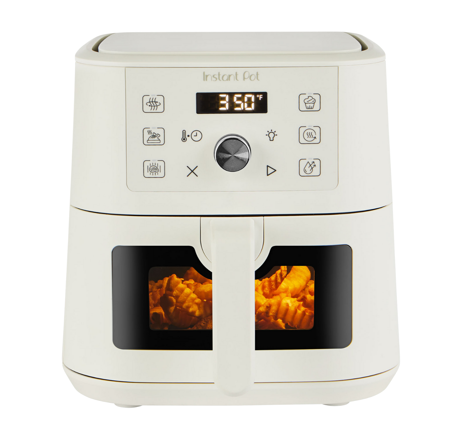Instant Pot® 4QT Vortex® Plus Mini Air Fryer in Sea Salt with a digital display set to 350°F and crinkle-cut fries visible through the front window in the basket.
