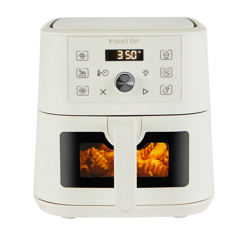 Instant Pot® 4QT Vortex® Plus Mini Air Fryer in Sea Salt with a digital display set to 350°F and crinkle-cut fries visible through the front window in the basket.