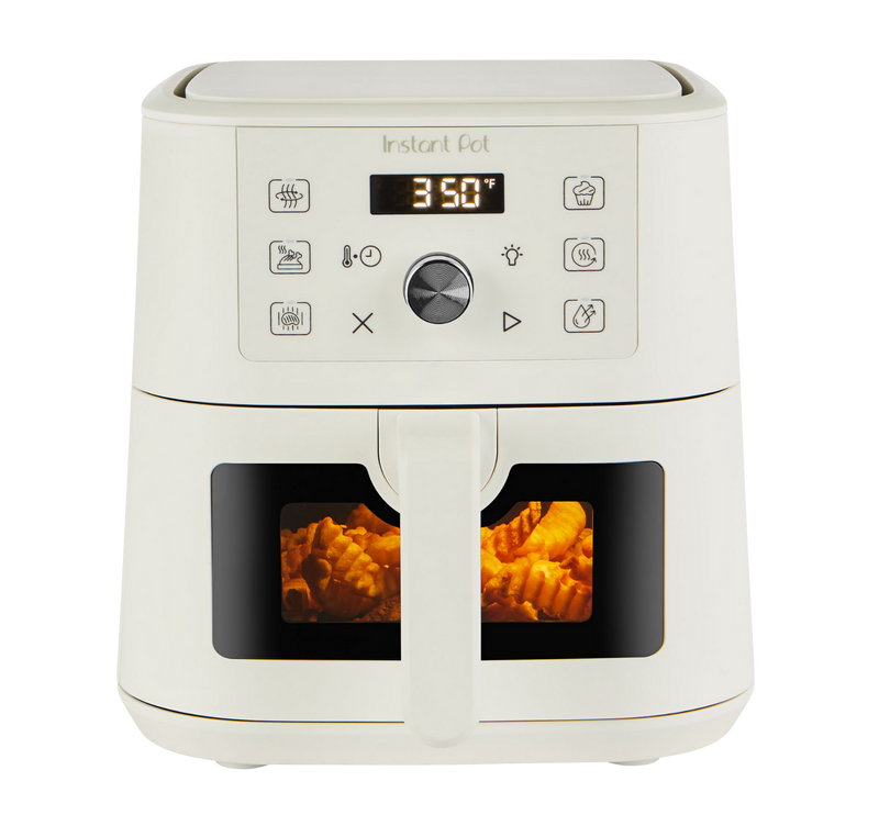 Instant Pot® 4QT Vortex® Mini Air Fryer in Sea Salt with a digital display set to 350°F and crinkle-cut fries visible through the front window in the basket.