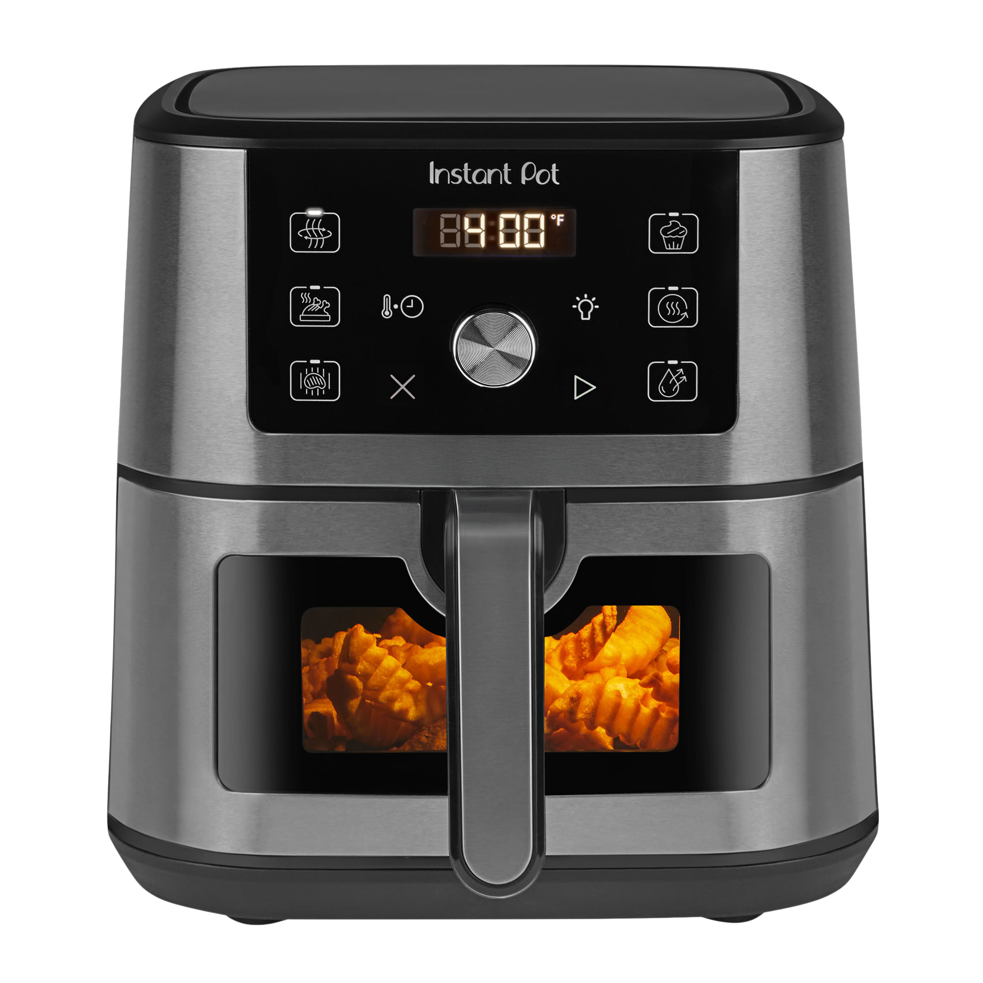 Instant Pot® 4QT VORTEX® Mini Air Fryer in Stainless Steel with a digital display set to 400°F and crinkle-cut fries visible through the front window in the basket.