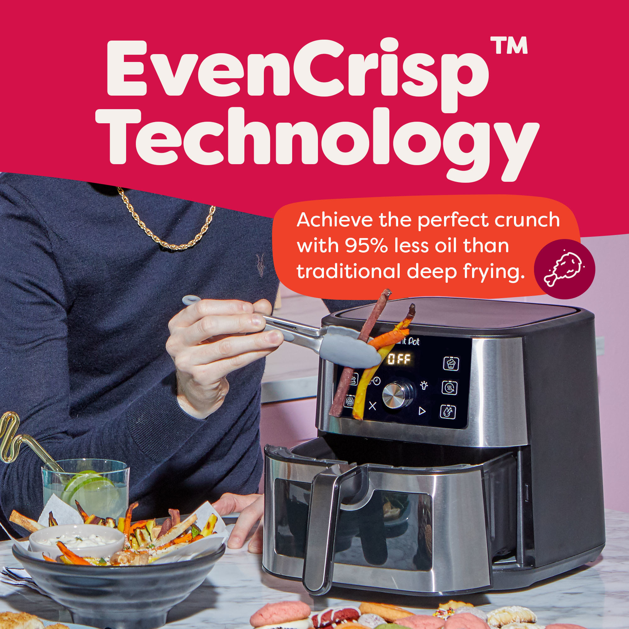 A person uses tongs to remove crispy crinkle fries from the Instant Pot® 4QT VORTEX® Mini Air Fryer in Stainless Steel, which is open on a kitchen counter. The display reads “OFF.” A bowl of roasted veggies sits nearby. Text reads: “EvenCrisp™ Technology – Achieve the perfect crunch with 95% less oil than traditional deep frying.”
