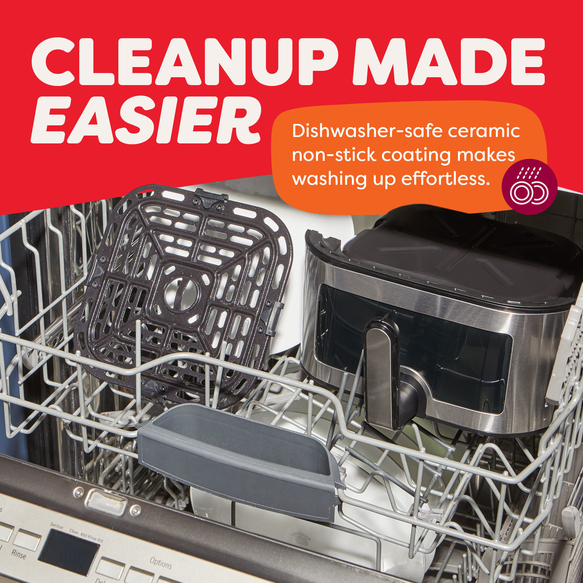 Parts of the Instant Pot® 4QT VORTEX® Mini Air Fryer in Stainless Steel—basket and tray—are loaded in a dishwasher. The text reads: “Cleanup Made Easier – Dishwasher-safe ceramic non-stick coating makes washing up effortless.” The background is a bright red and orange banner above the open dishwasher.