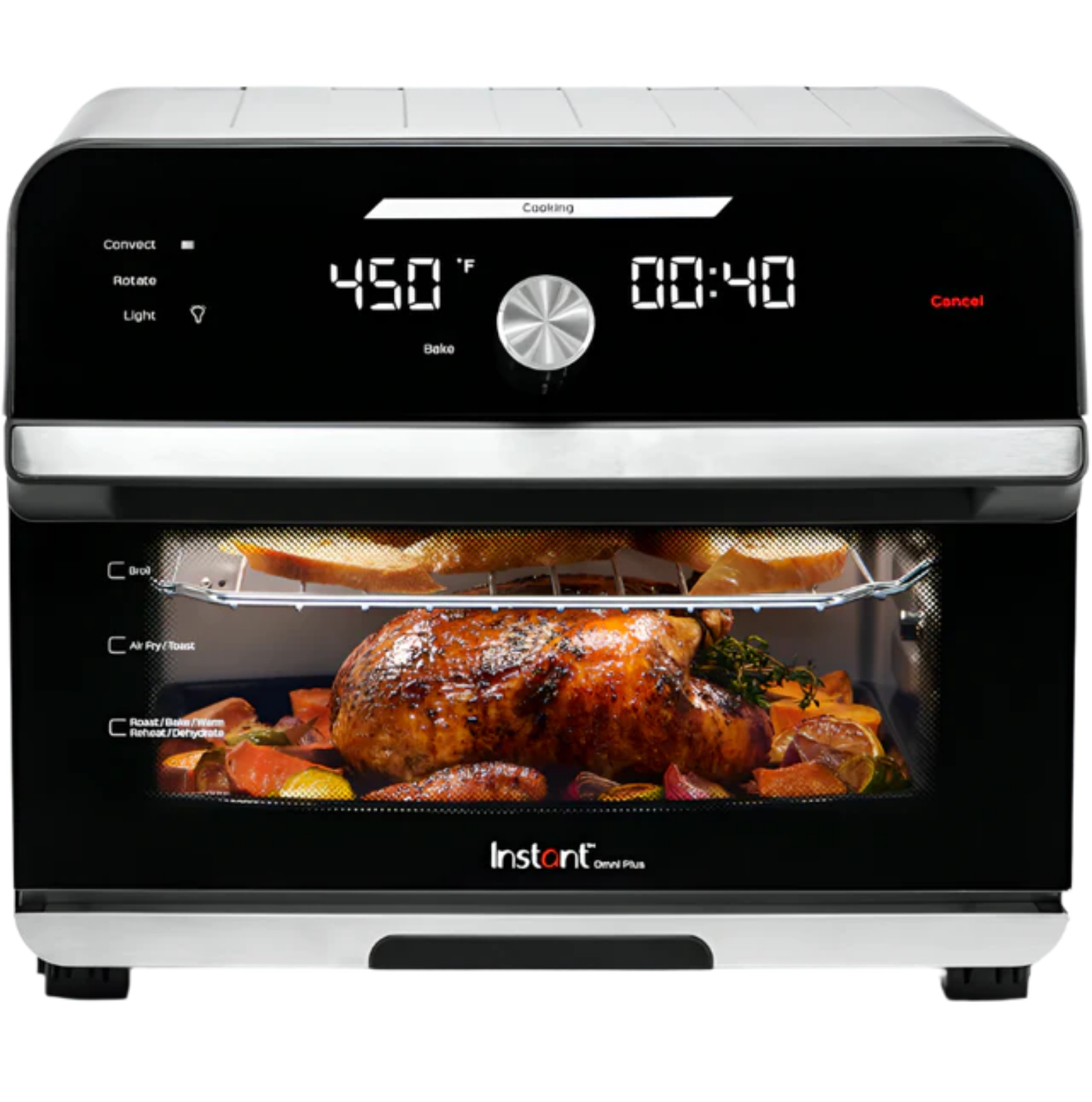  Front view of the Instant Pot® Omni® Plus 18L 10-in-1 Air Fryer Toaster Oven, with a digital display showing 450°F and 00:40. Inside, a whole roasted chicken with vegetables is visible through the glass door, along with golden toast on the upper rack. The sleek black and stainless steel design highlights multiple cooking functions like Bake, Air Fry, Roast, and Reheat.